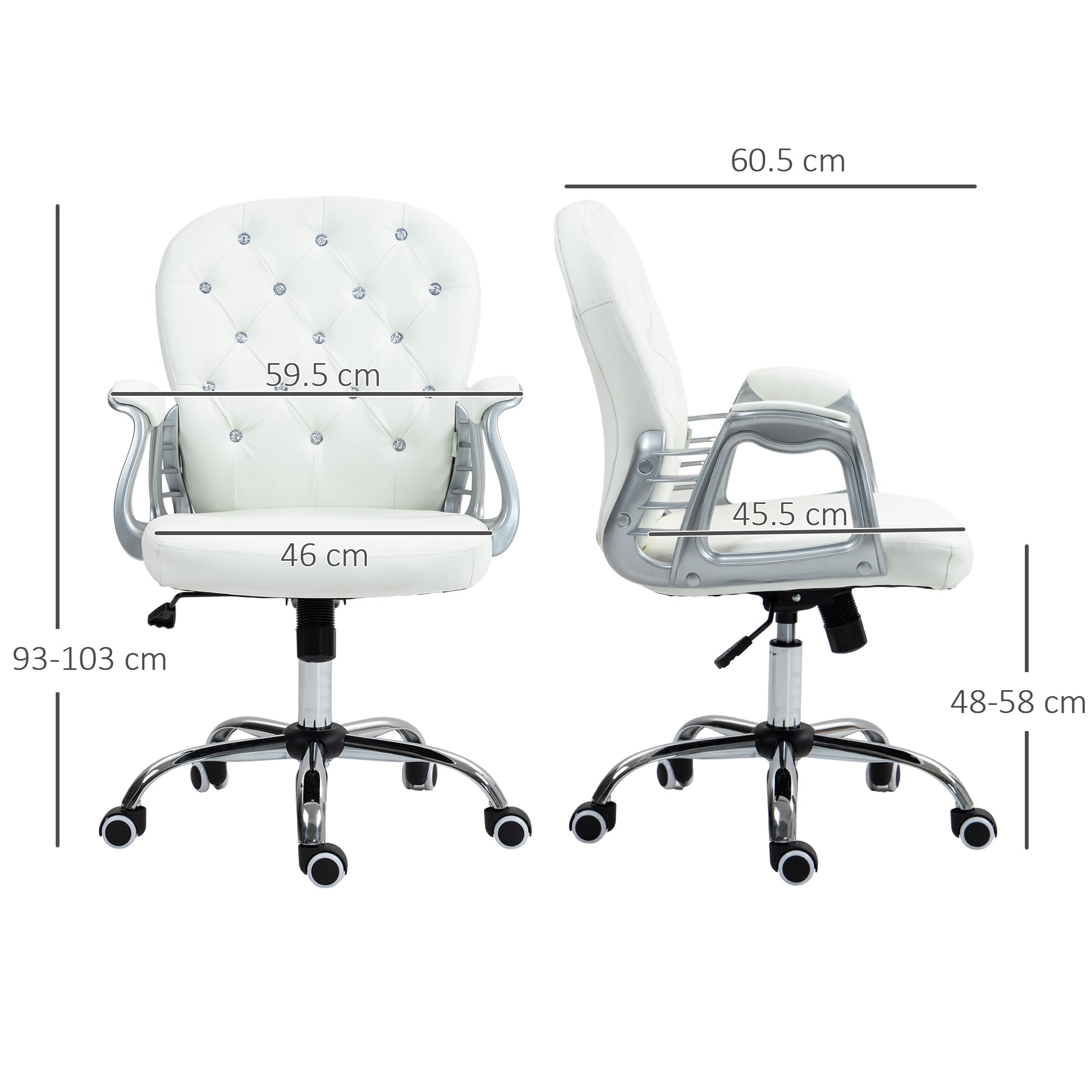 Office Chair Ergonomic 360° Swivel PU Diamante Padded Base 5 Castor Wheels for Home Work White