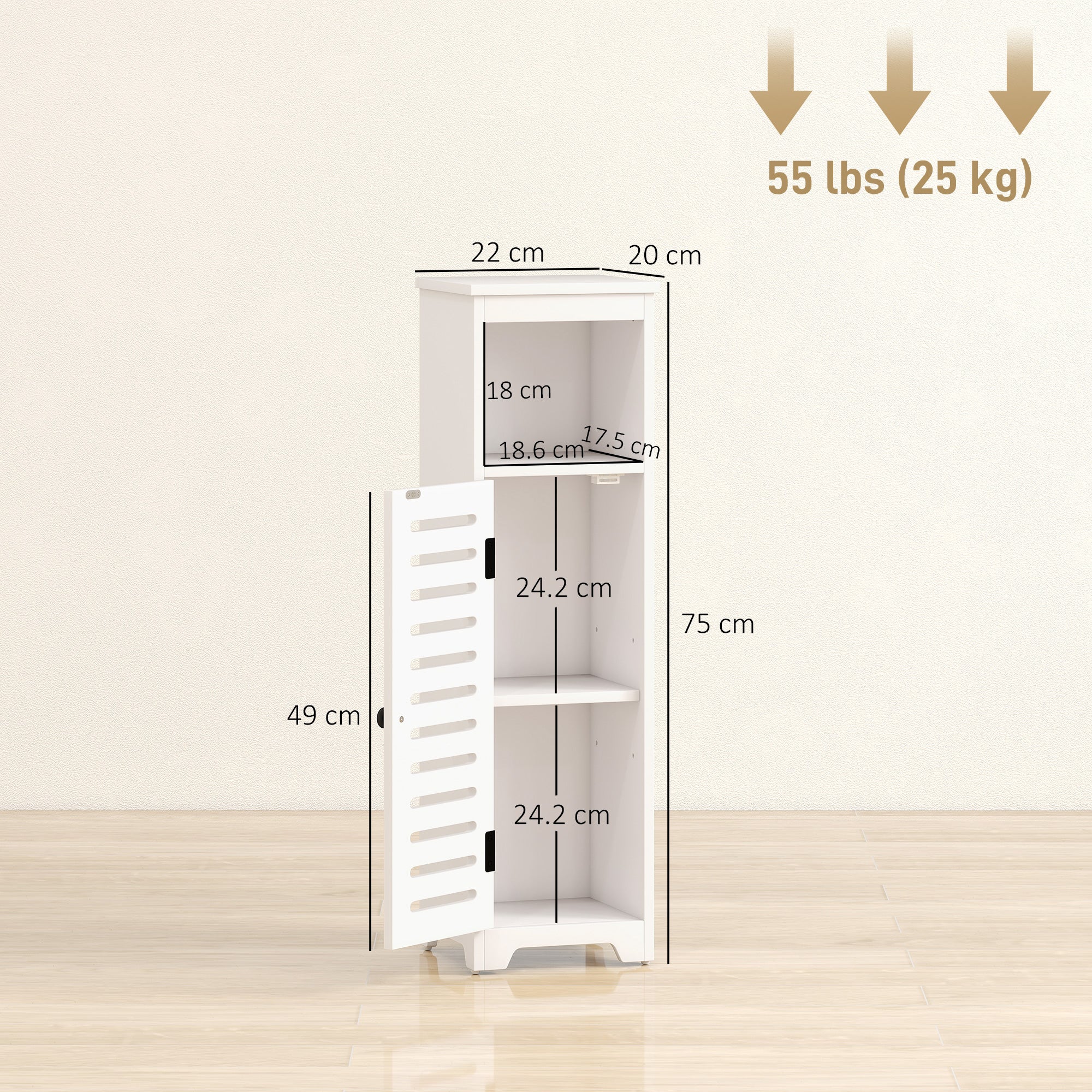 Bathroom Floor Cabinet, Bathroom Storage Unit with Louvered Door, Open Shelf, Adjustable Shelf, White, 22 x 20 x 75 cm