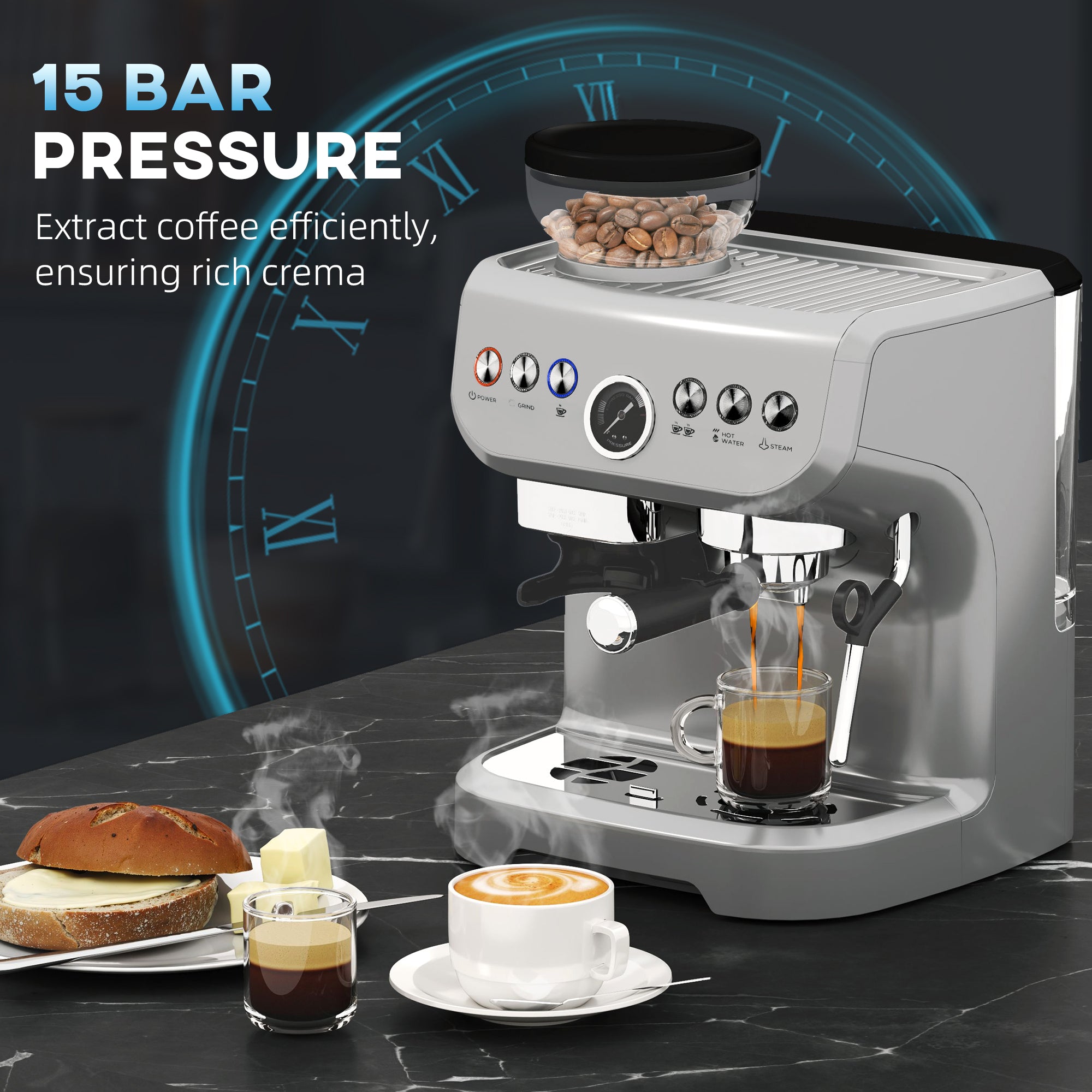 15 Bar Coffee Machine, with Adjustable Grind, Steamer and Accessories - Silver Colour