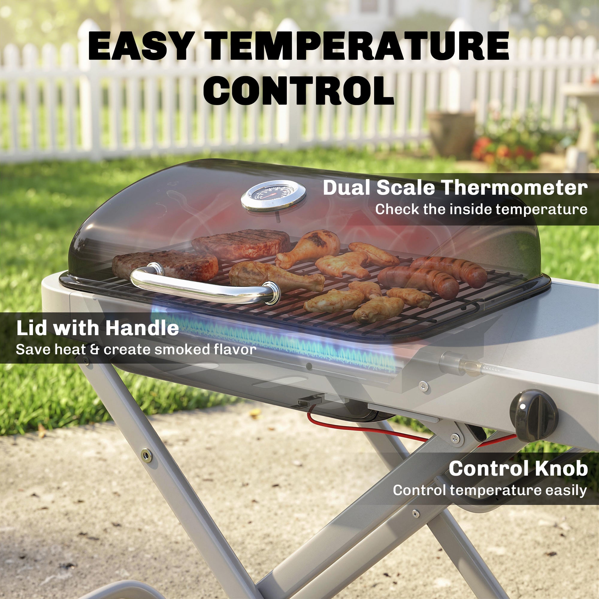 Foldable Gas BBQ Grill with Side Table, Portable Gas Barbecue Grill with Thermometer, Grease Box, Wheels, 2.5 kW, Black