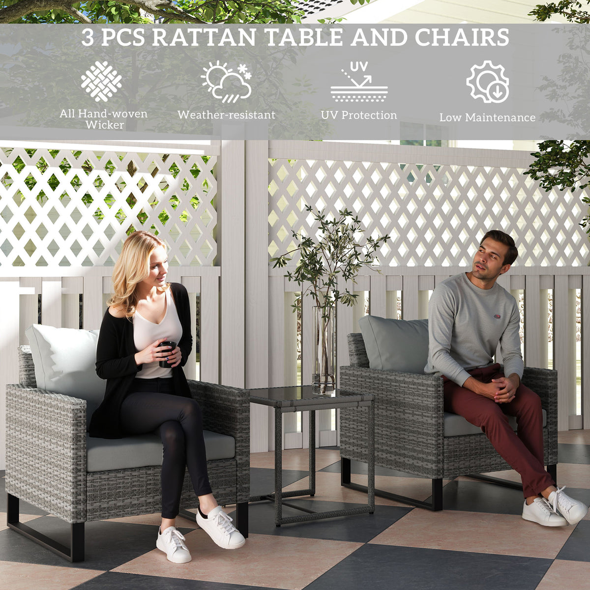 3 Piece Grey Rattan Bistro Set with Cushions and Glass Top Table