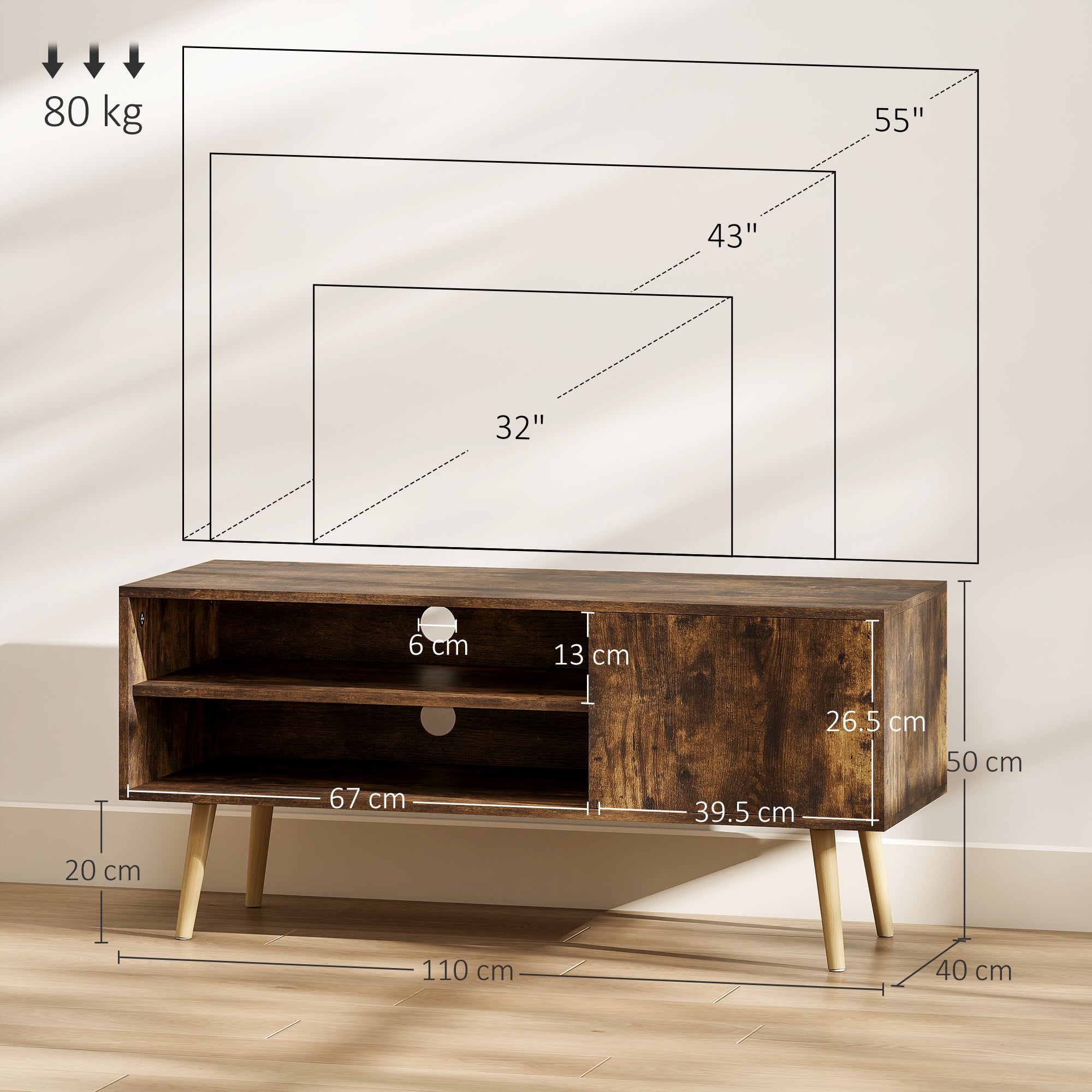 TV Stand up to 55 Inches, TV Unit with Open Shelves and Cable Holes - Brown