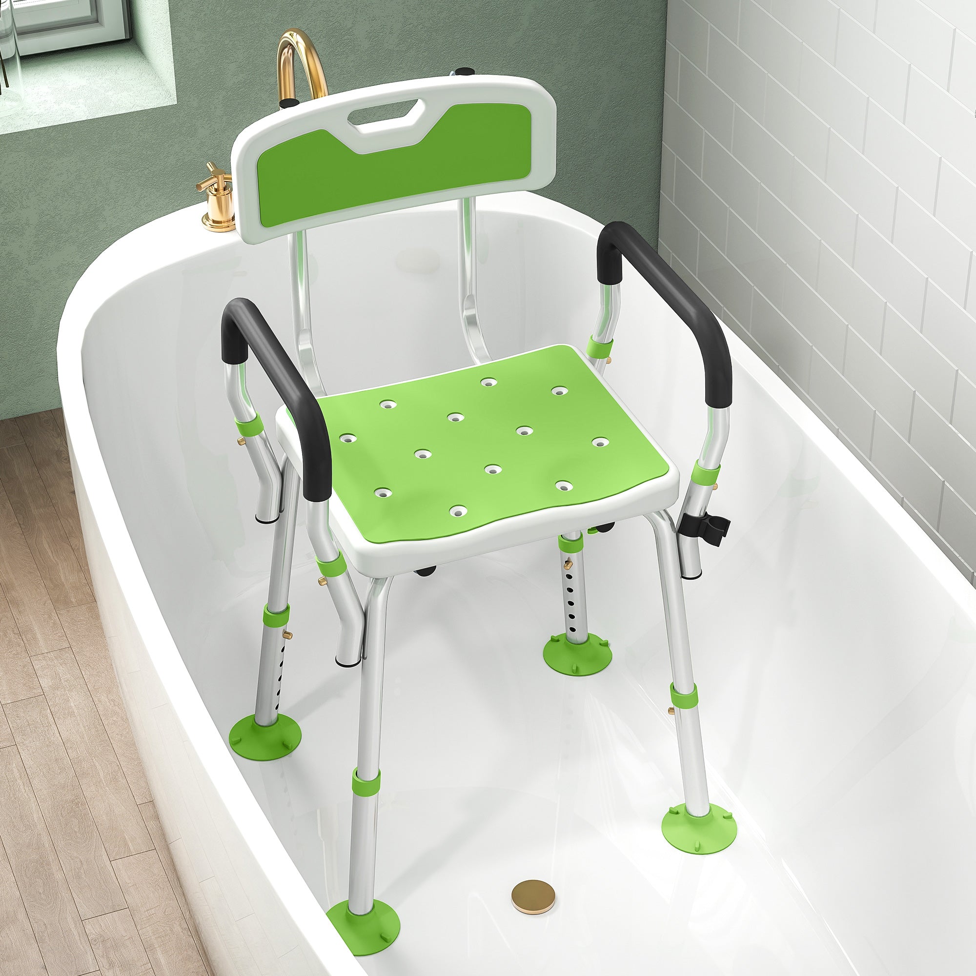 EVA Padded Shower Chair for the Elderly and Disabled, Height Adjustable Shower Stool with Back and Arms, 4 Suction Foot Pads, Green