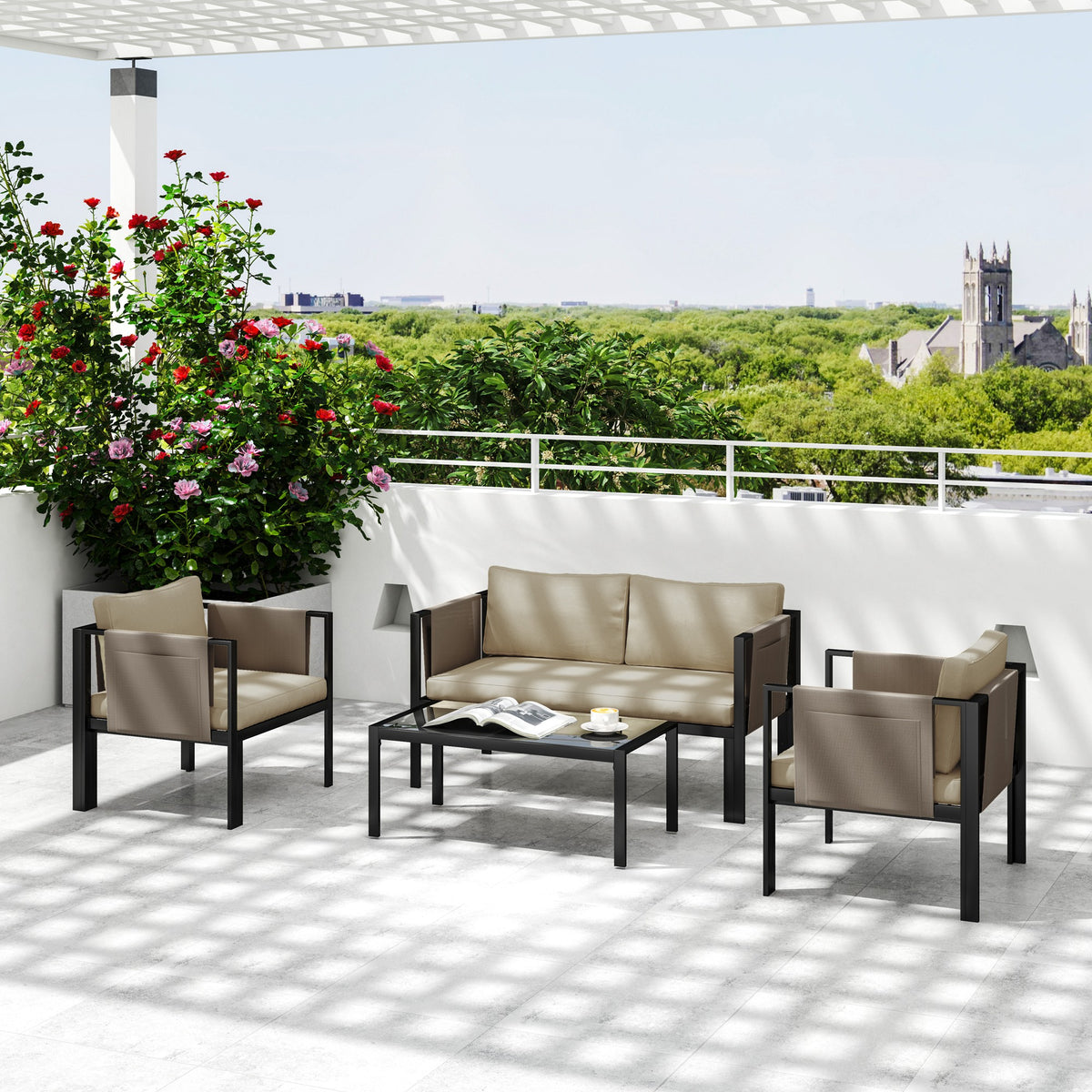 4 Piece Metal Garden Furniture Set with Cushions - Khaki