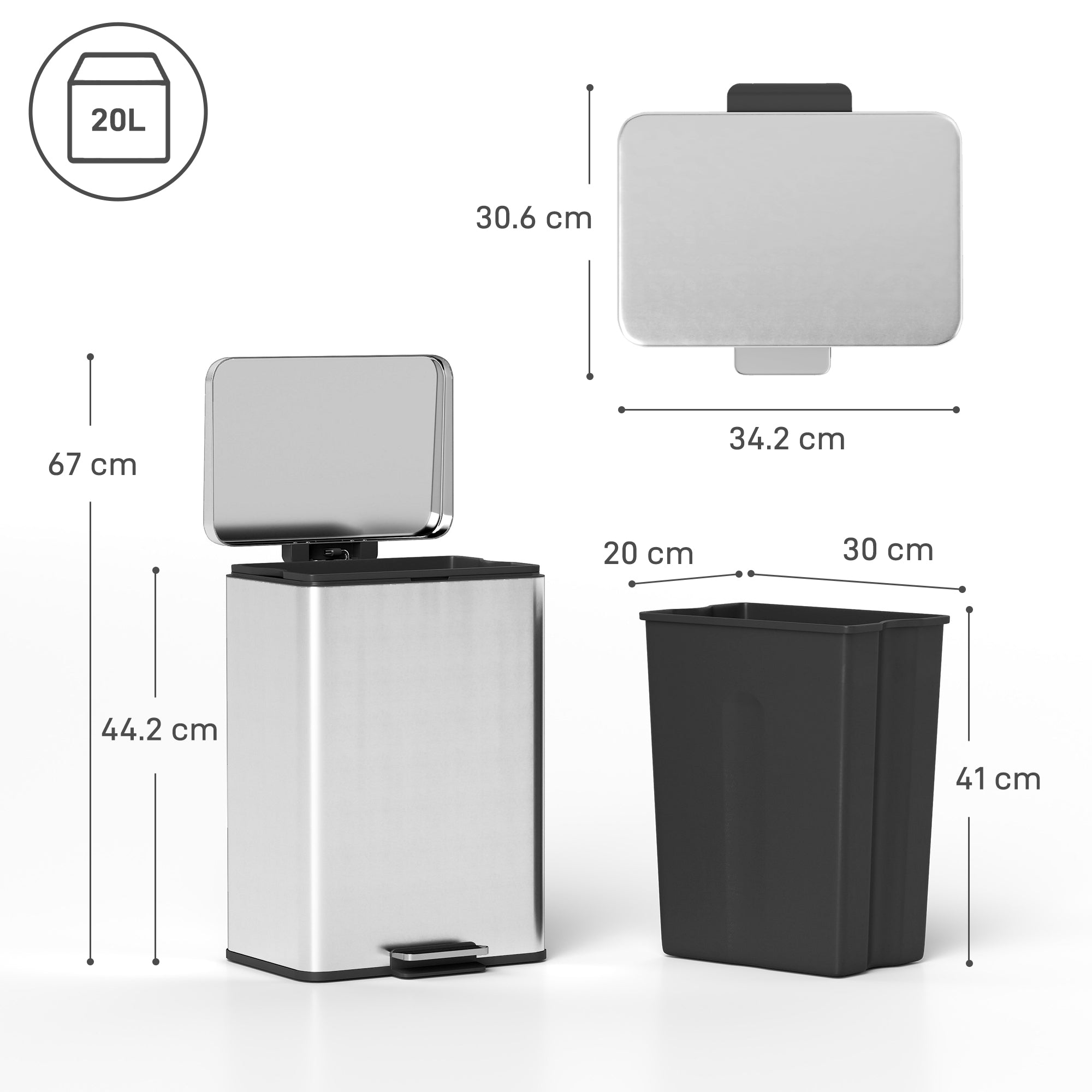 20L Kitchen Bin with Soft-Close Lid and Stay-Open Function, Stainless Steel Pedal Bin with Removable Inner Bucket for Kitchen, Office, Home, Silver Tone