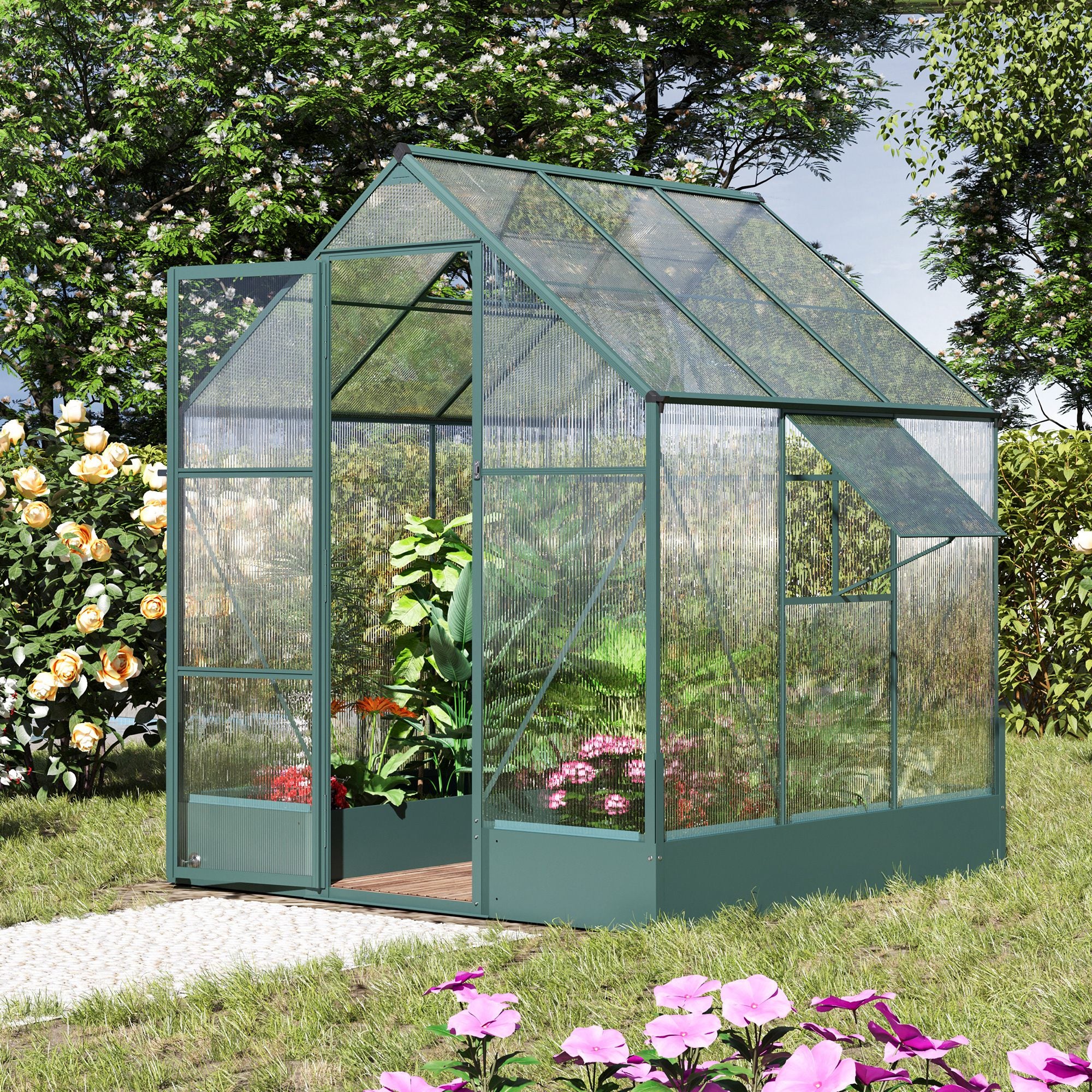 Garden Walk-in Aluminium Greenhouse Polycarbonate with Plant Bed, Temperature Controlled Window, Foundation, 6 x 6ft