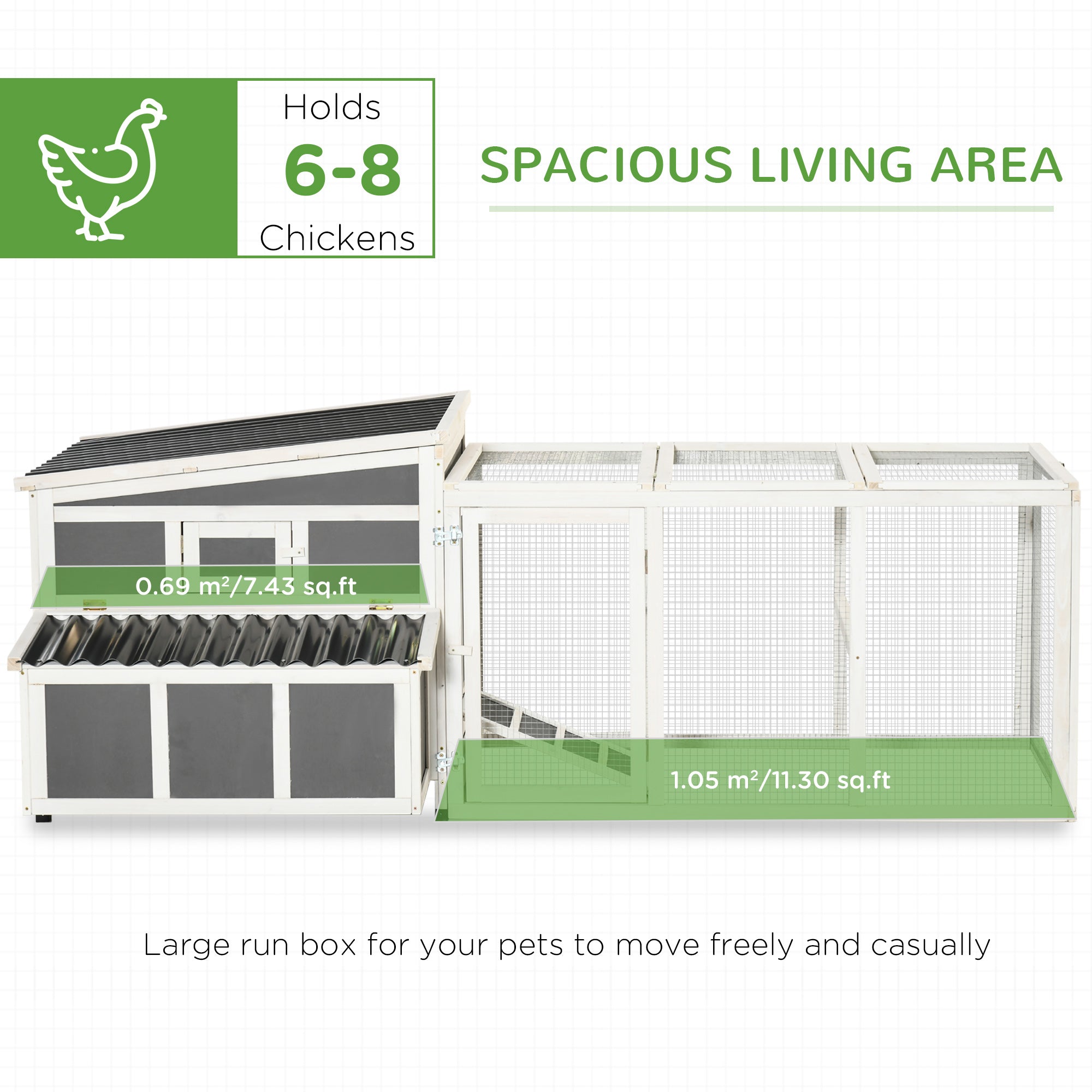 Large Chicken Coop Rabbit Hutch with Run Hen House Poultry Crate with Nesting Box for 6 Chickens Slide Out Tray Perches, 225x147x 85.5cm