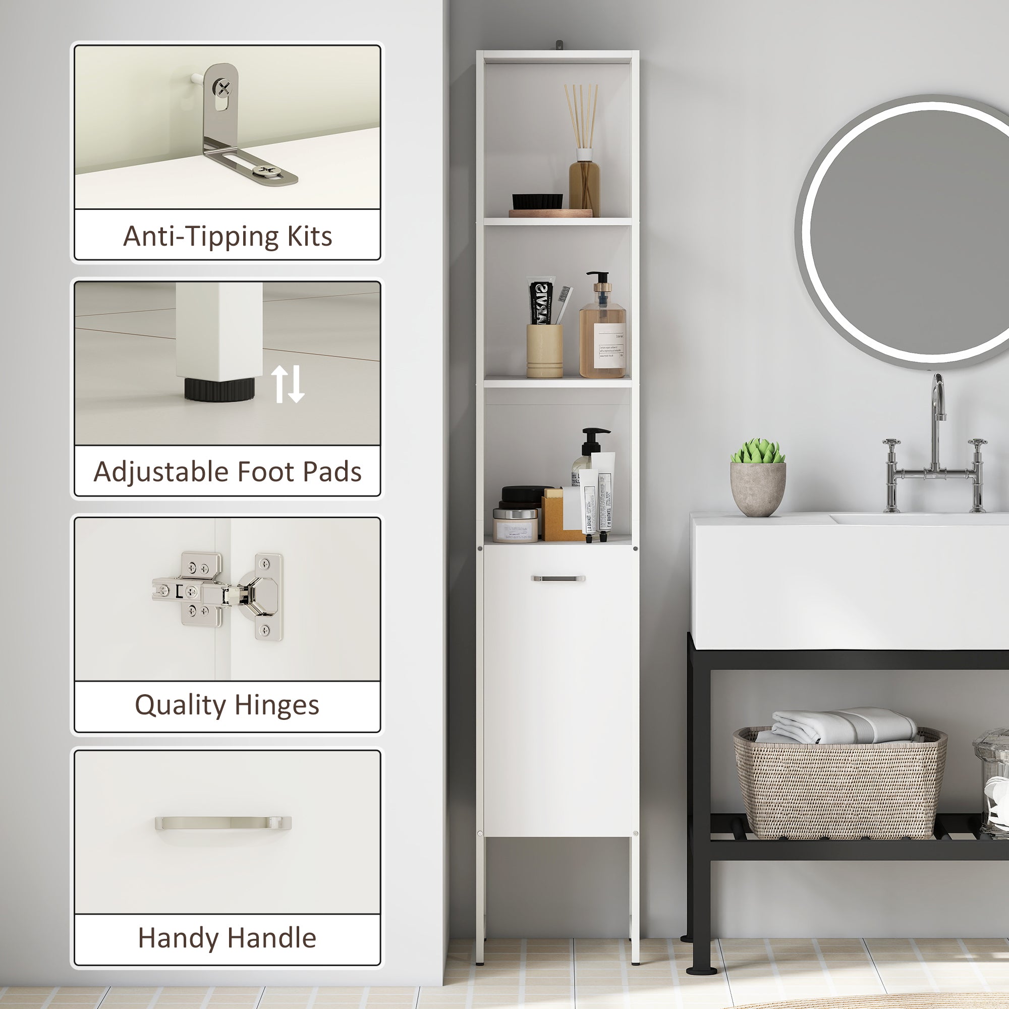 Tall Bathroom Cabinet with Open Shelves and Adjustable Shelf - White