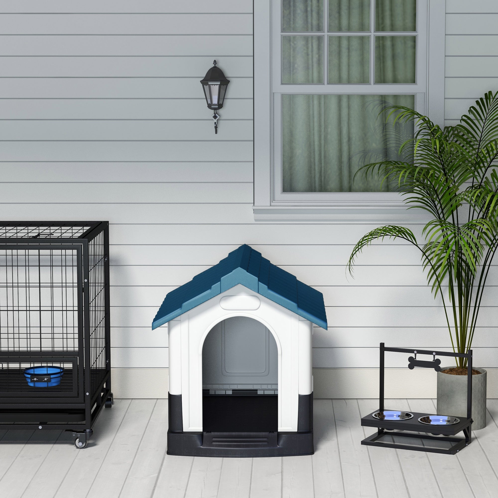 Plastic Dog Kennel with Windows, for Garden Patio, Miniature and Small Dogs, 80 x 69 x 76cm - Blue