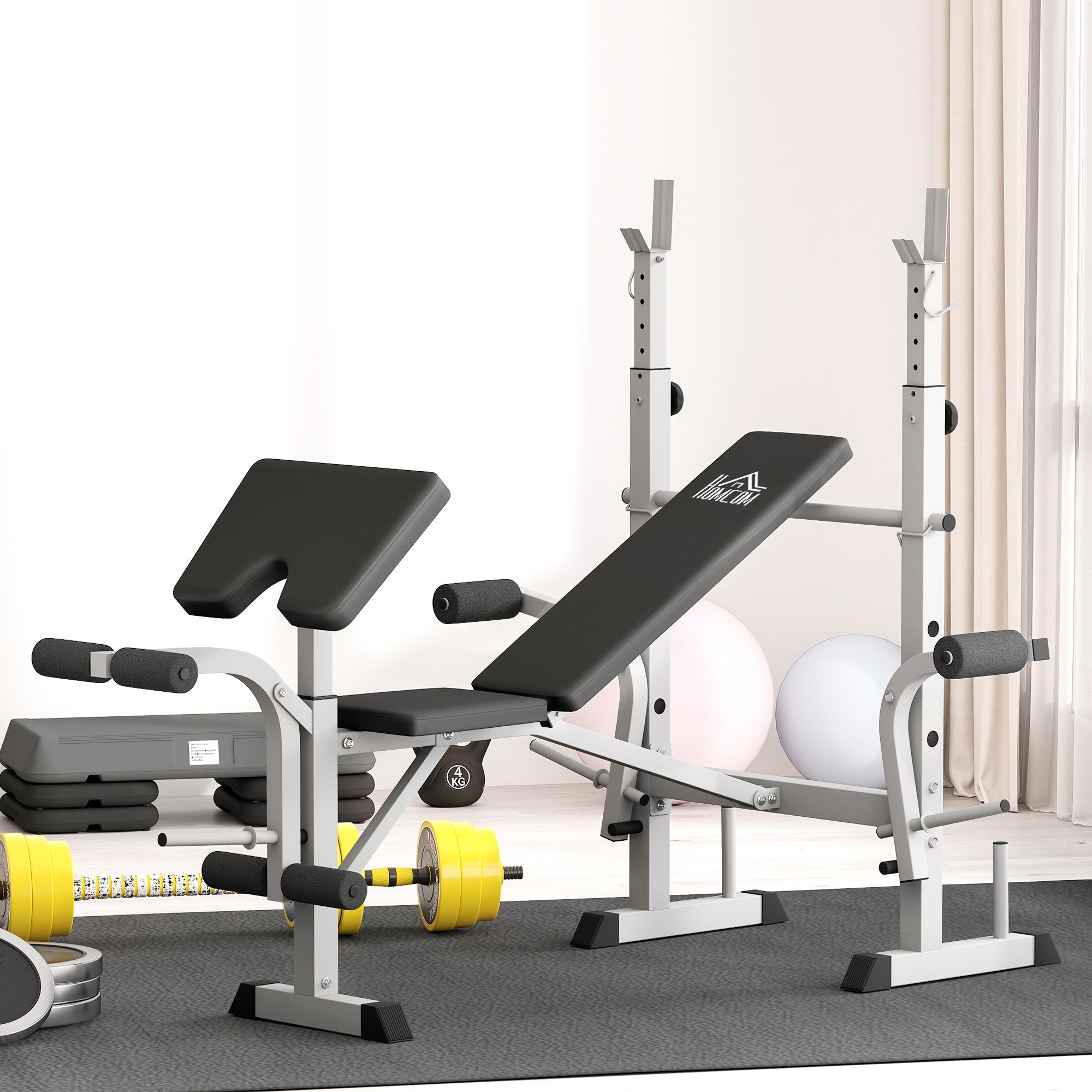 Adjustable Weight Bench with Squat Rack, Heavy Duty Bench Press Rack with Preacher Curl Pad, Leg Developer, Barbell Rack, Butterfly, Home Gym Strength Training Multiuse Workout Bench, Grey