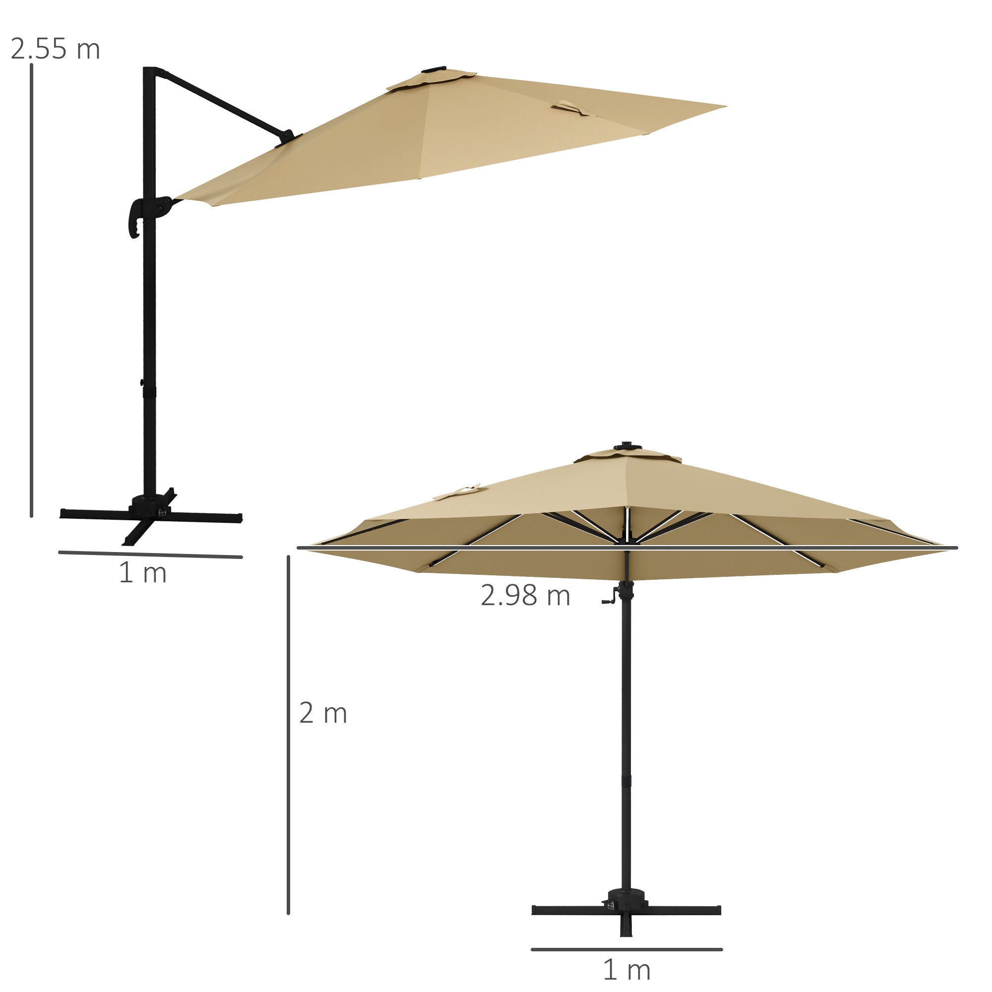 3(m) Adjustable Cantilever Parasol with Base, Solar LED Lights, Khaki