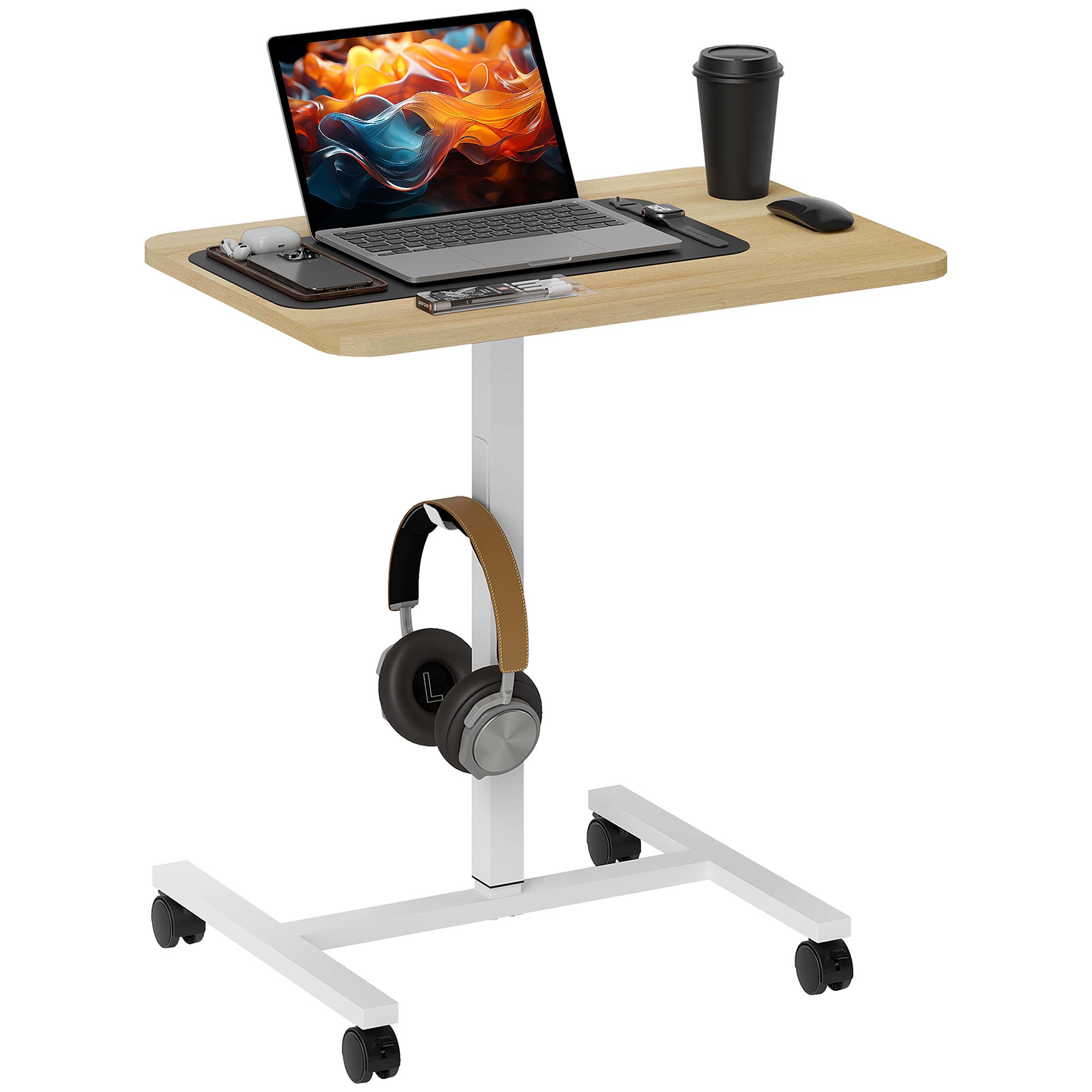 Height Adjustable Standing Desk, Pneumatic Sit Stand Desk for Laptop, Mobile Overbed Table with Wheels and Headphone Hook for Home Office, Natural Wood Finish