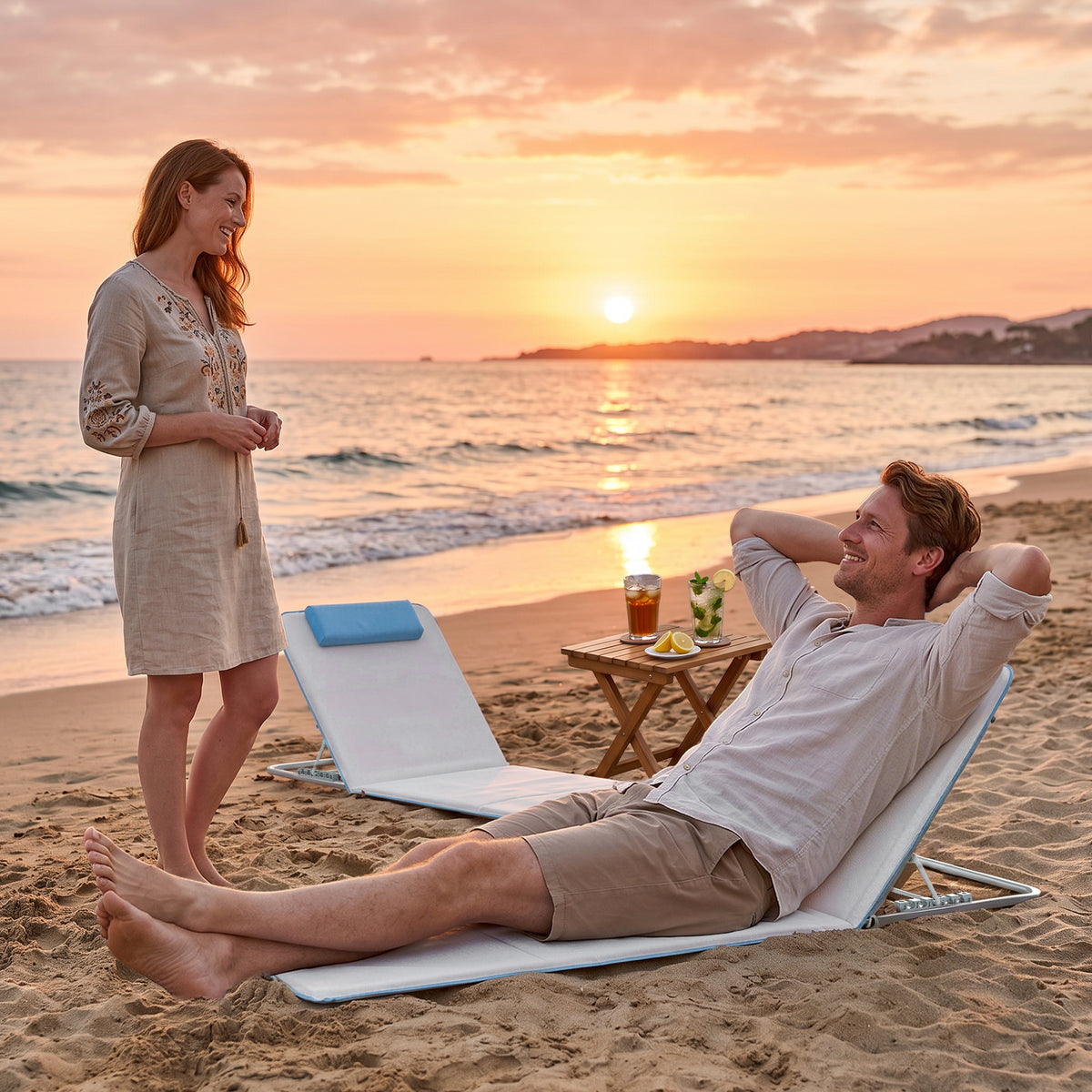 Set of 2 Foldable Garden Beach Chair Mat, Lightweight Outdoor Sun Lounger Seats with Adjustable Back, Metal Frame, PE Fabric Head Pillow and Carry Bag, Cream White