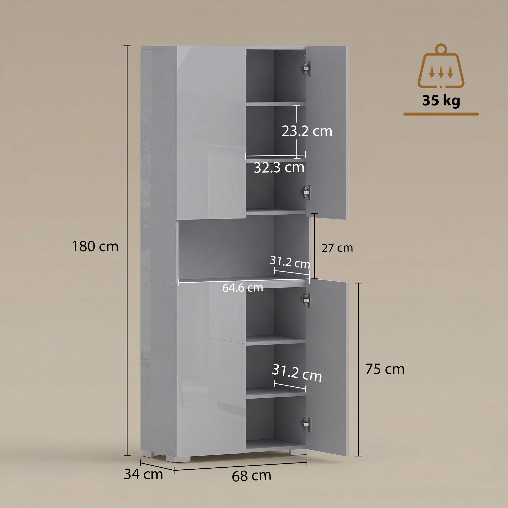 180 cm Tall Kitchen Cupboard, Pantry Storage Cabinet with Soft Close Doors and Adjustable Shelves, High Gloss Grey
