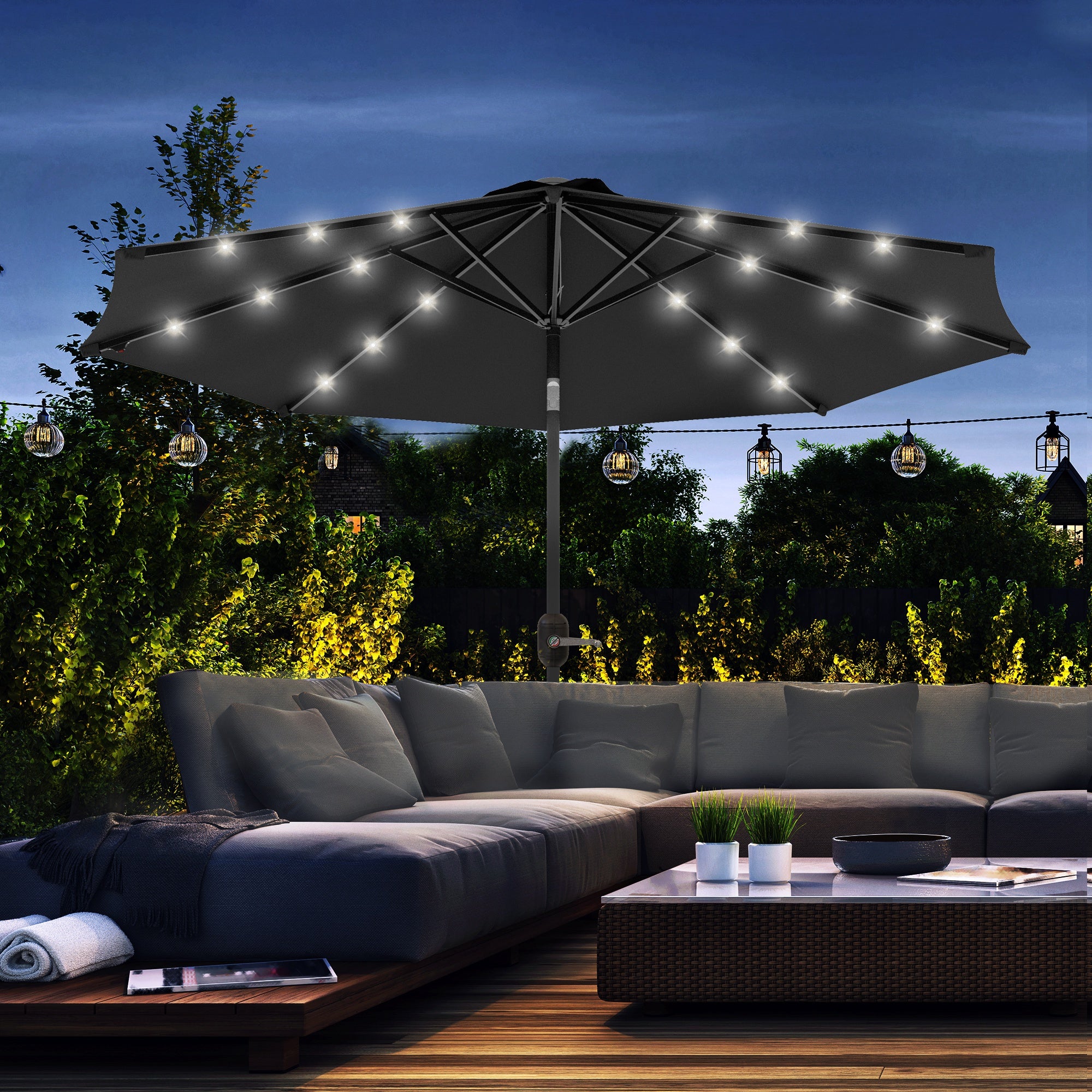 2.7m Outdoor Patio Garden Umbrella Parasol with Tilt Crank and 24 LEDs Lights, Black