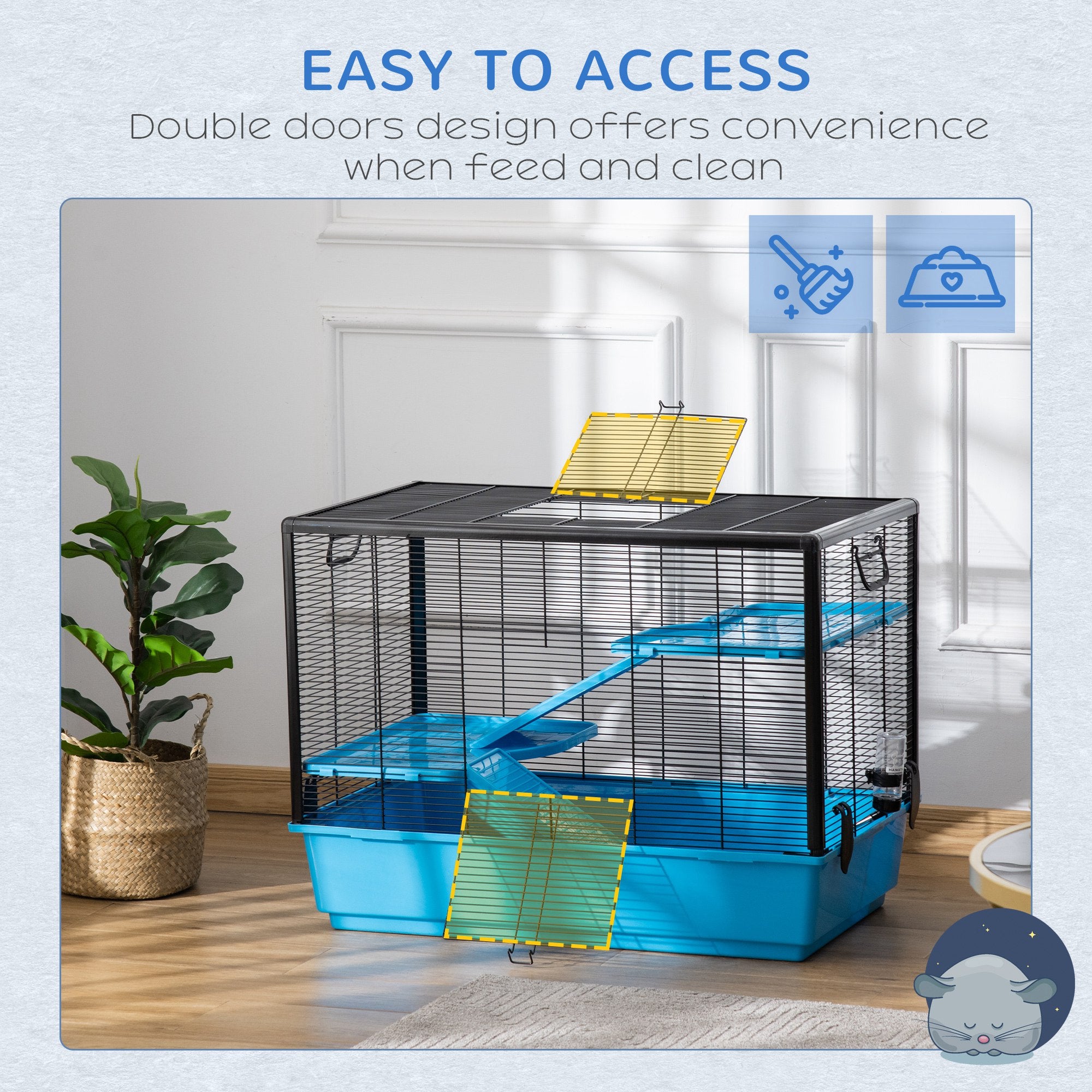 Indoor Small Animal Cage Habitat for Guinea Pigs Hamsters Chinchillas With Accessories, 80x48x58 cm, Light Blue