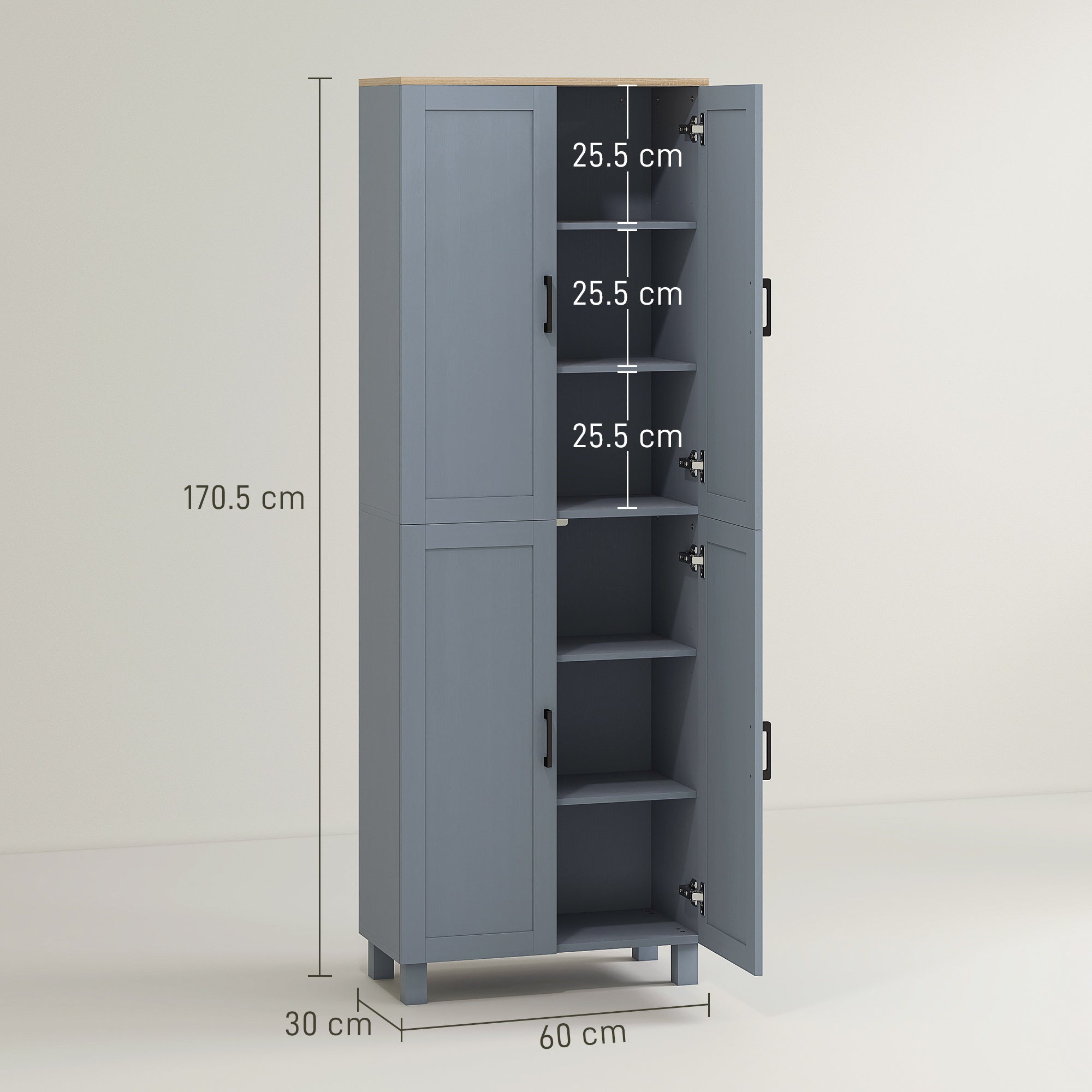Freestanding Kitchen Cupboard, 4-Door Storage Cabinet with Adjustable Shelves, Modern Kitchen Pantry, 170cm, Grey