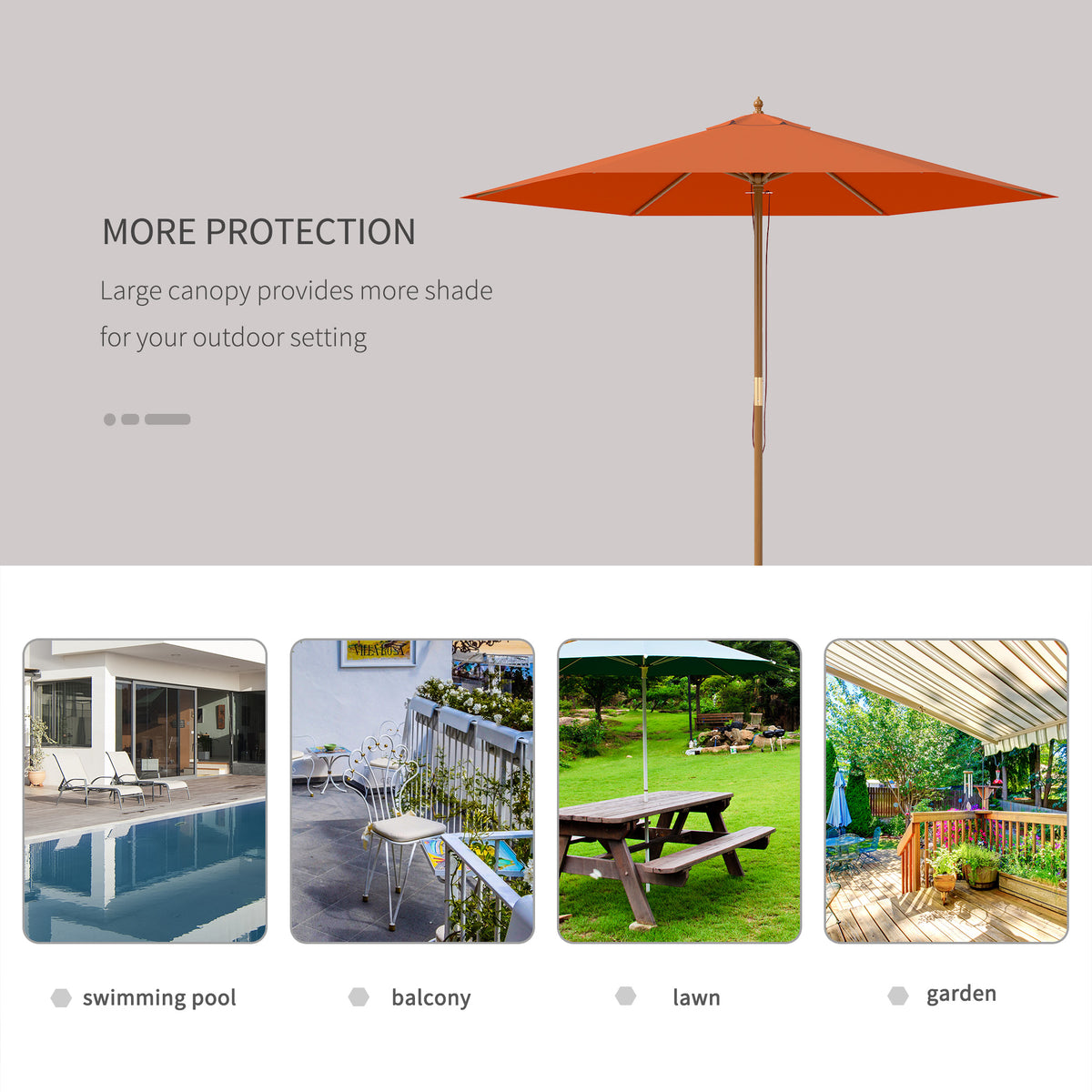 2.5m Wooden Garden Parasol Sun Shade Patio Umbrella Canopy - Orange