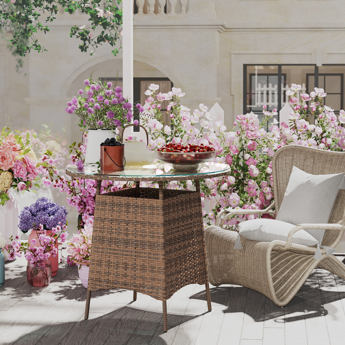 Wicker Rattan Outdoor Coffee Table with Tempered Glass Top - Brown