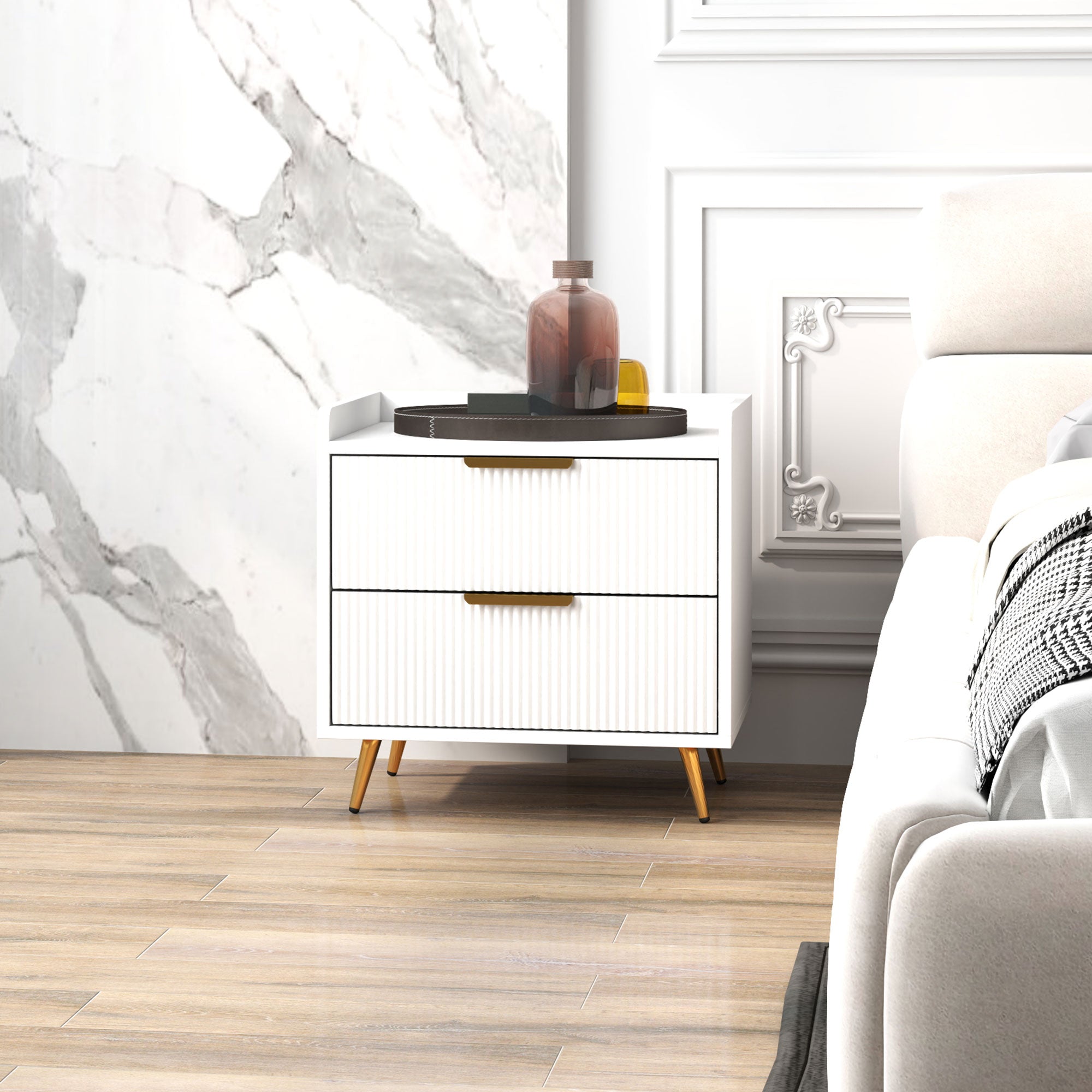 Elegant Two-Drawer Bedside Table with Gold Handles - White