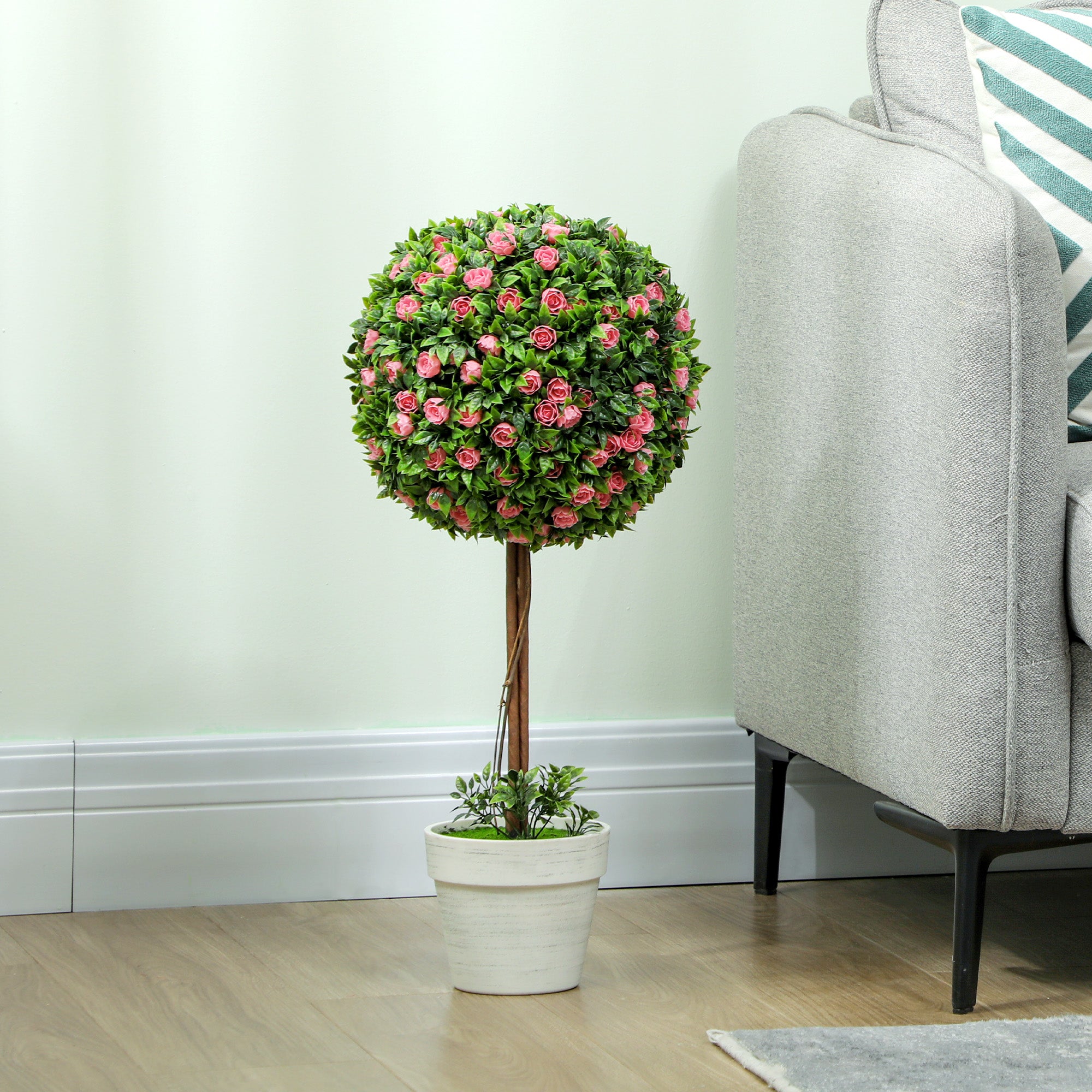 Set of 2 Decorative 60cm Ball Topiary Rose Artificial Plants in Pots - Pink