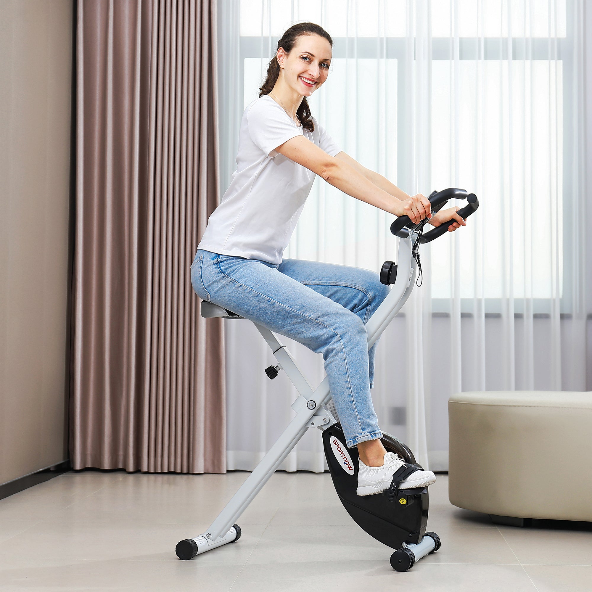 Folding and Quiet Exercise Bike with 8-Level Magnetic Resistance and Heart Rate Sensor, for Home Gym, Black and White