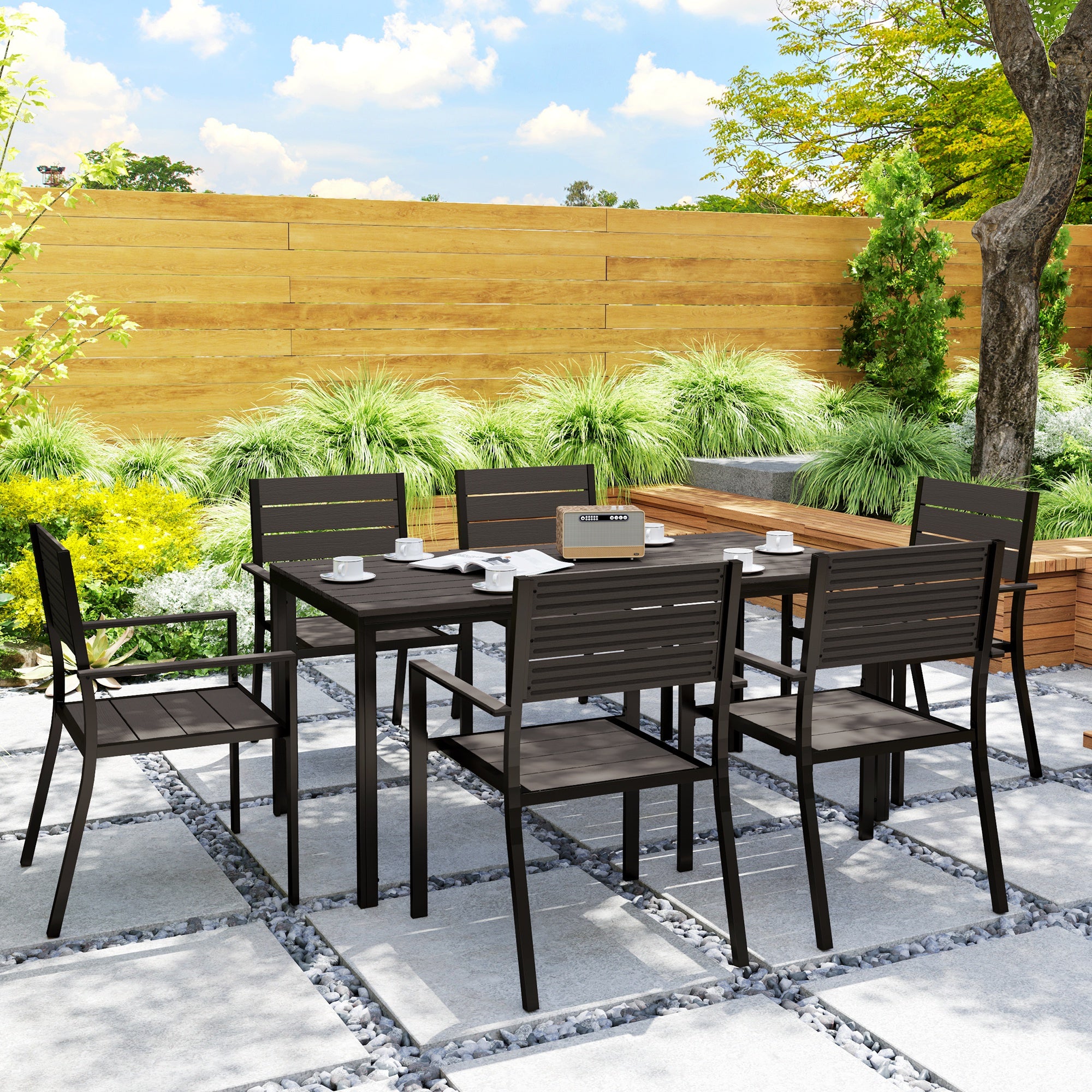 7 Piece Garden Furniture Set with HDPE Table and Stackable Chairs - Dark Brown