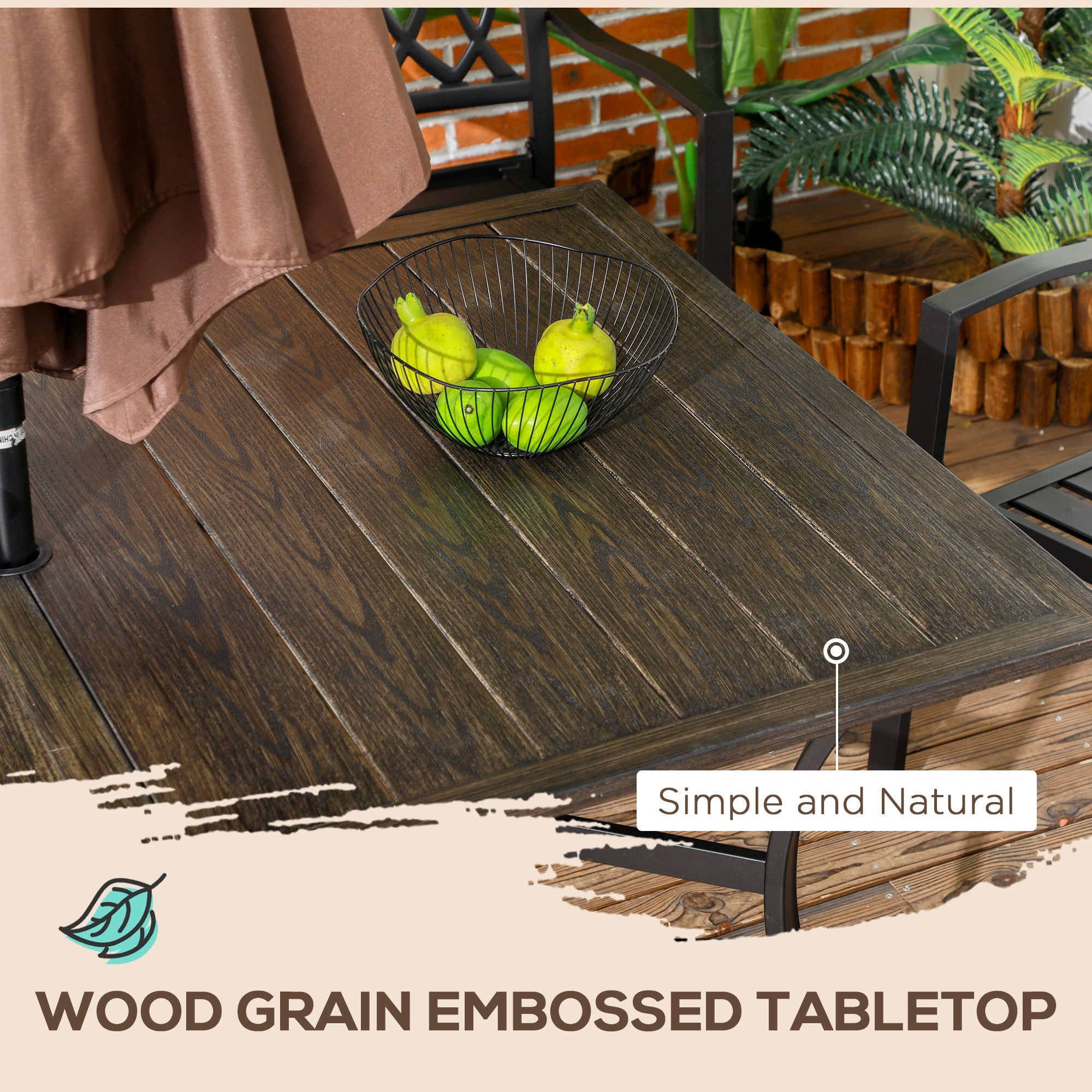 Six-Seater Steel Garden Table, with Œ€41mm Parasol Hole - Wood-Effect