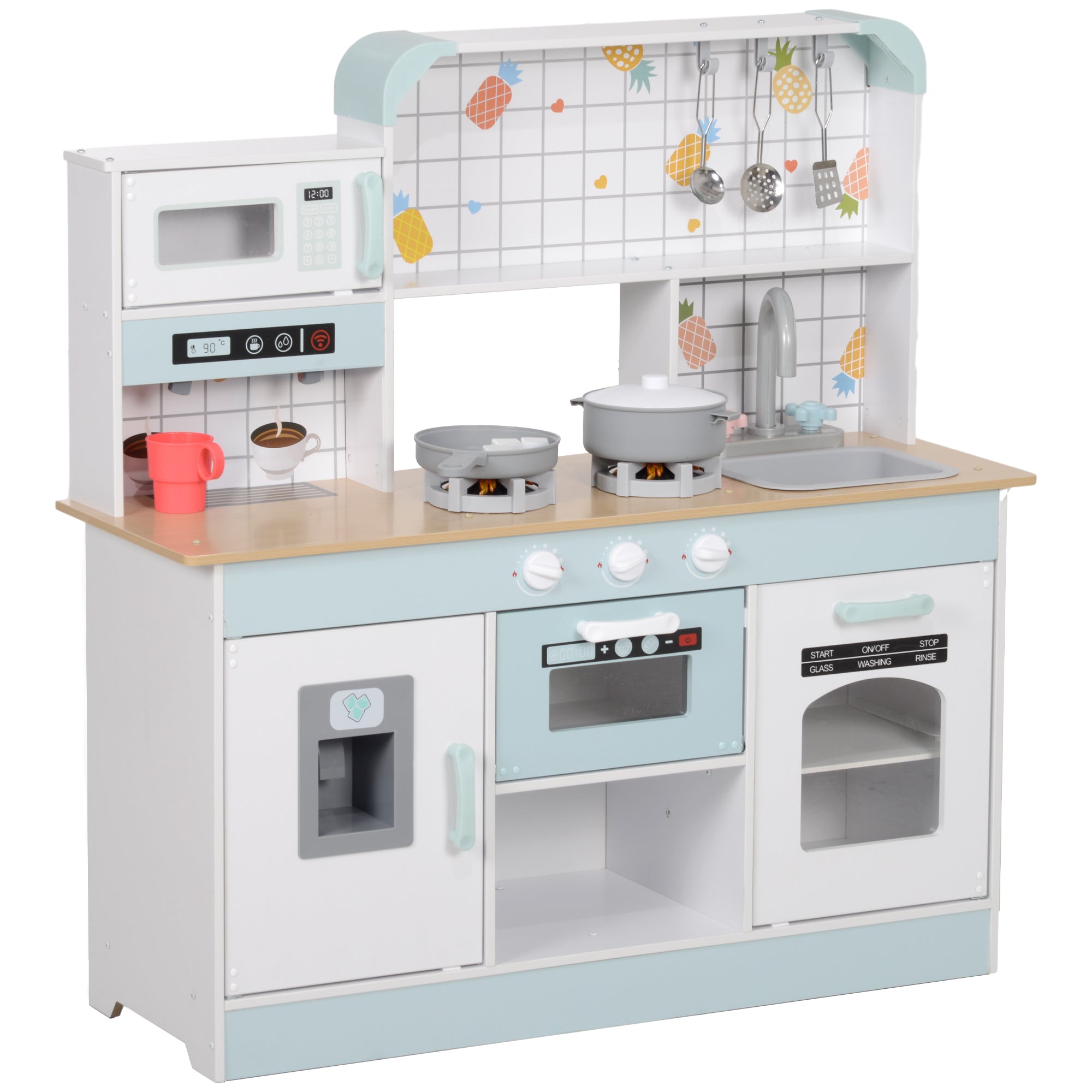 Toy Kitchen, Pretend Role Play Kitchen with Hob, Sound and Light, Coffee Machine, Ice Maker, Microwave