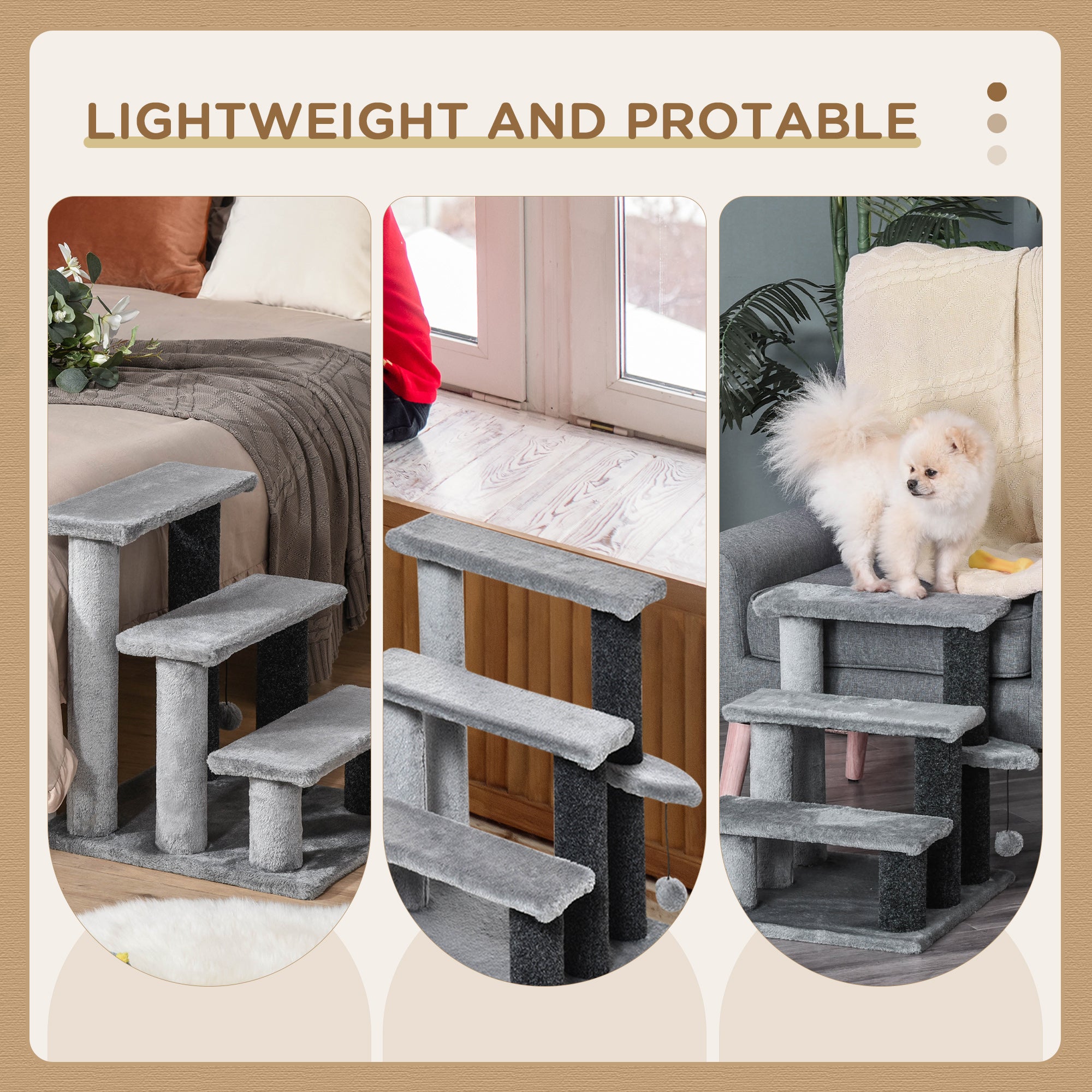 3-step Pet Stairs with Scratching Posts, Platforms, Toy Ball, Grey