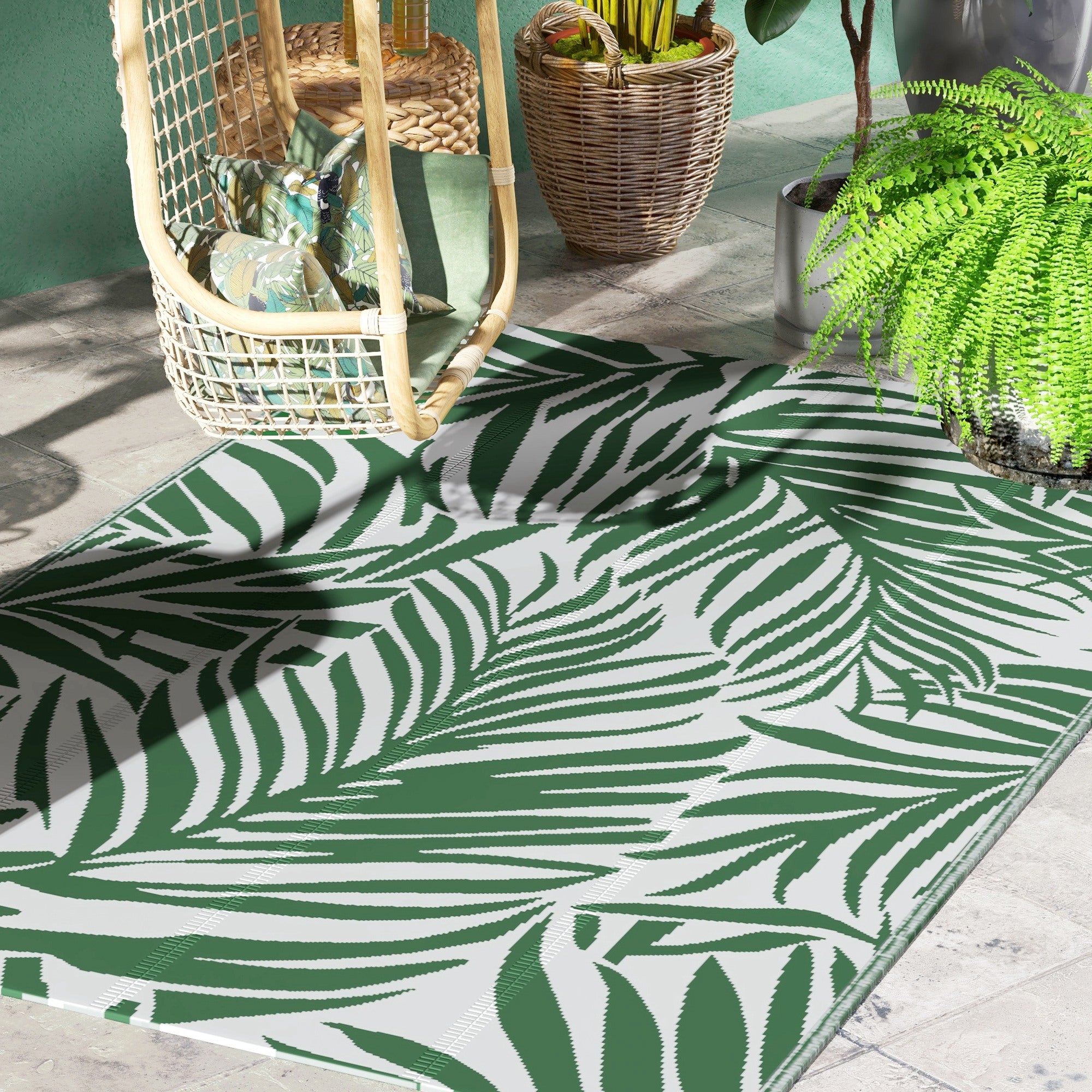 Reversible Outdoor RV Rug, 1.5 x 2.4m Patio Floor Mat, Waterproof Plastic Straw Rug for Garden, Deck, Picnic, Beach, Camping, Green Leaves, Green and White