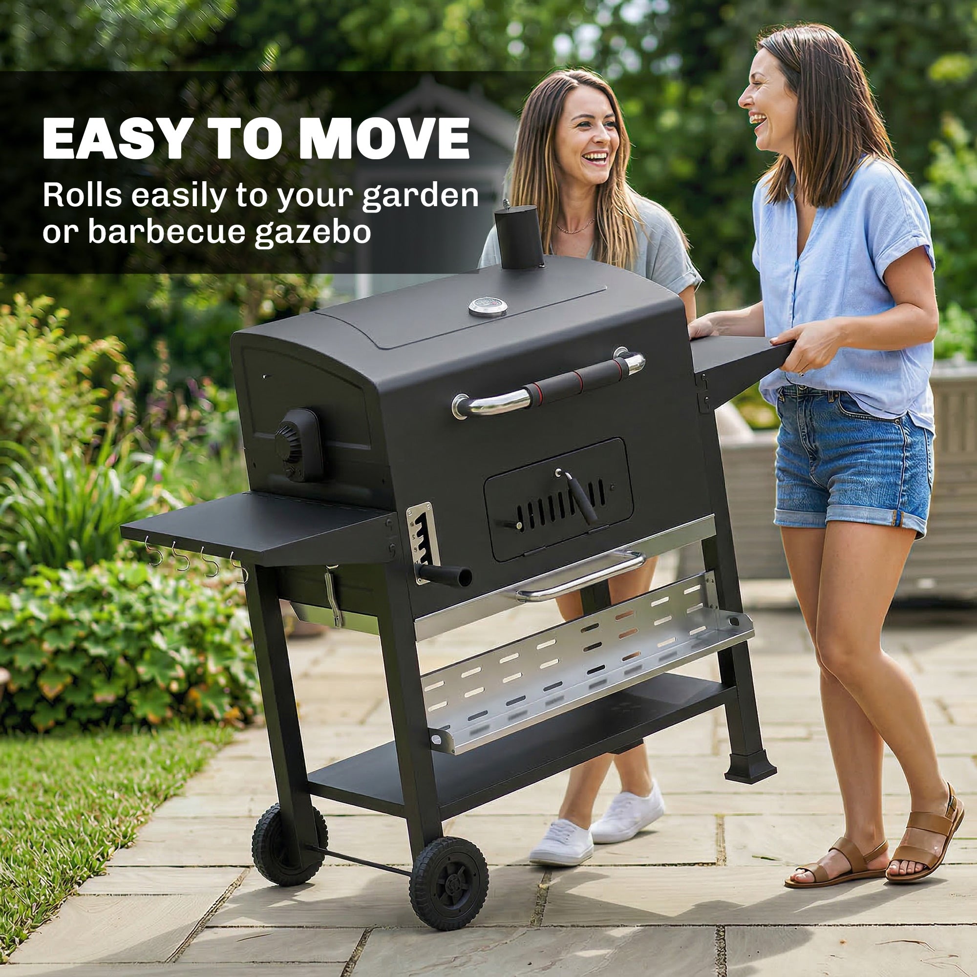 Charcoal BBQ Grill Smoker with Electric Rotisserie Kit, Portable Barbecue Grill with Warming Rack, Black