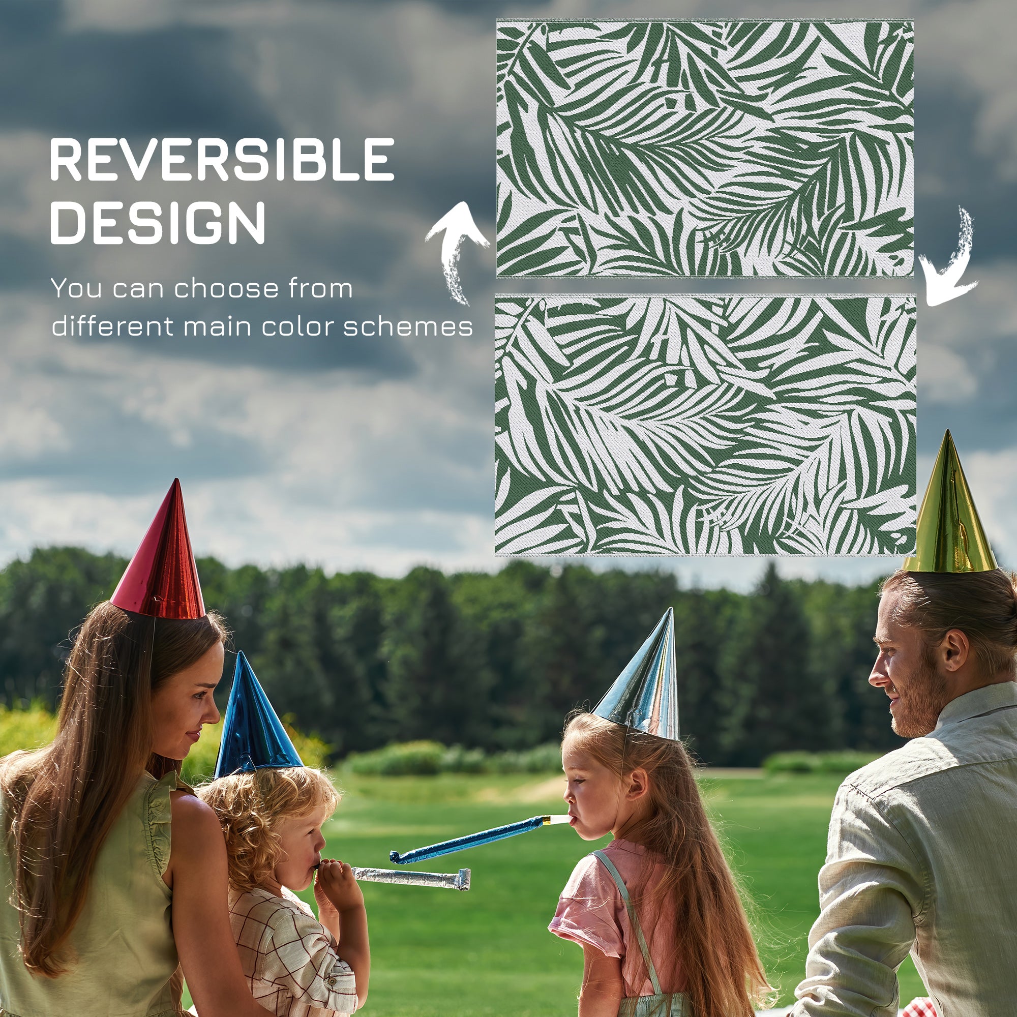 Reversible Outdoor RV Rug, 1.5 x 2.4m Patio Floor Mat, Waterproof Plastic Straw Rug for Garden, Deck, Picnic, Beach, Camping, Green Leaves, Green and White