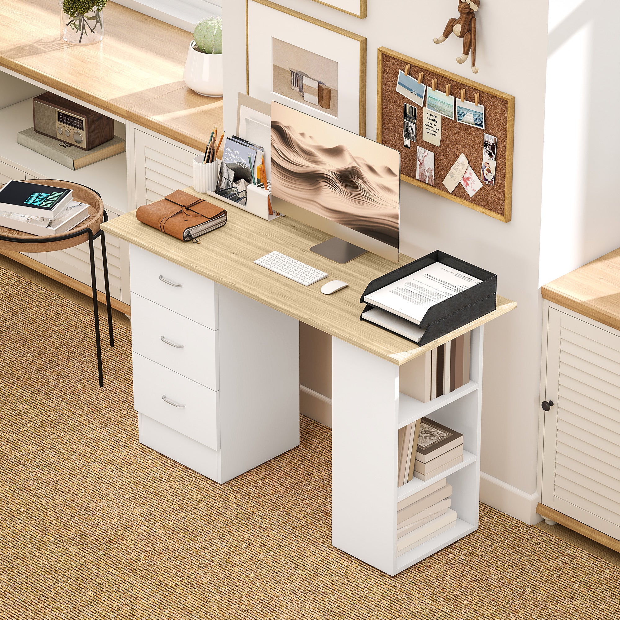 Computer Desk with Drawers, Home Office Desk, Writing Table, PC Workstation with 3 Storage Shelves for Working, Study, 120 x 49 x 72 cm, Natural Wood Finish and White