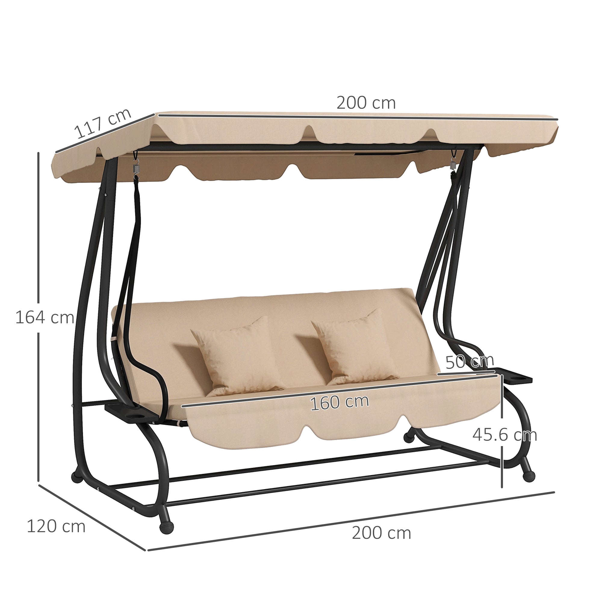 Three-Person garden Swing Chair, with Adjustable Canopy - Light Brown