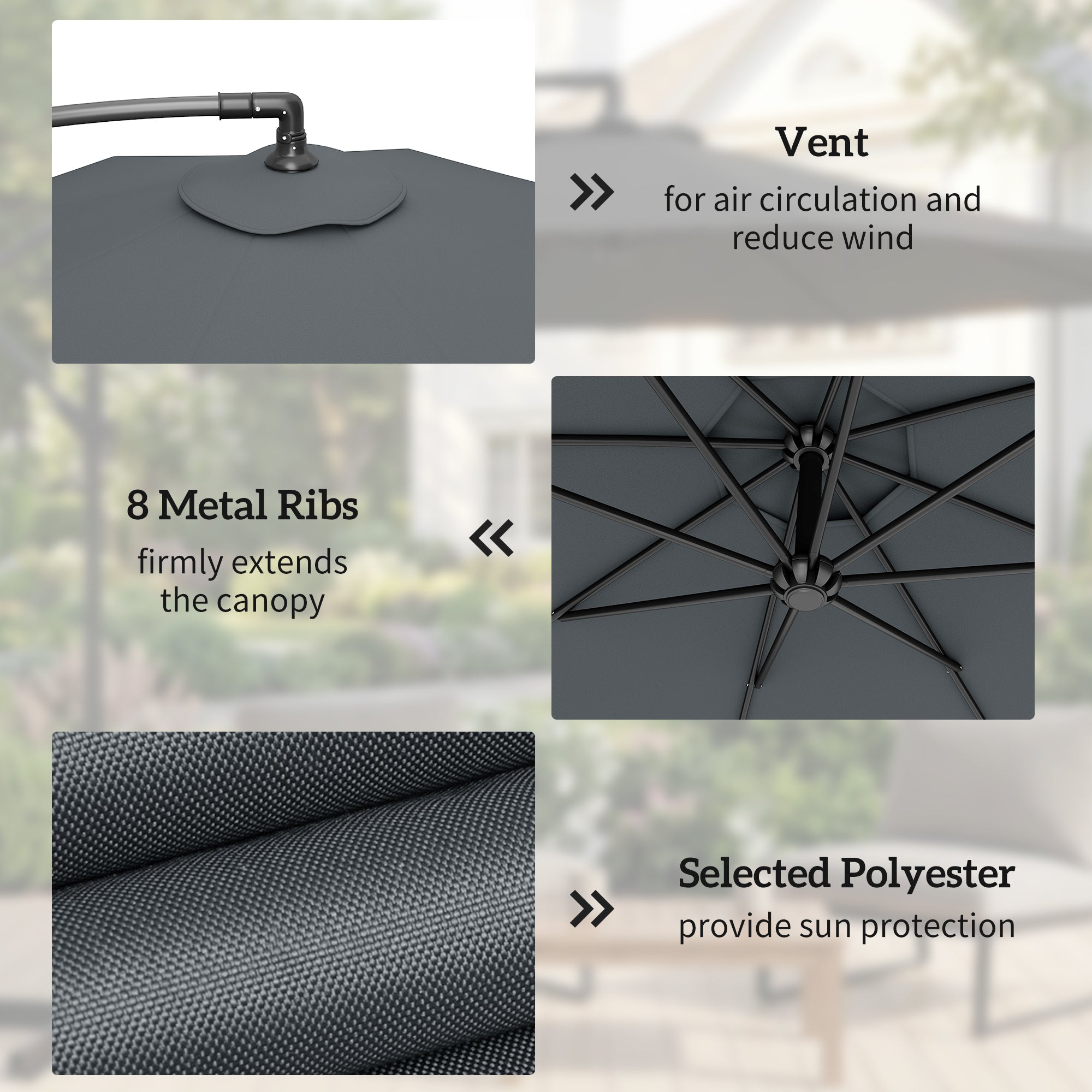 3m Overhanging Parasol, with Base, Weights and Cover - Dark Grey