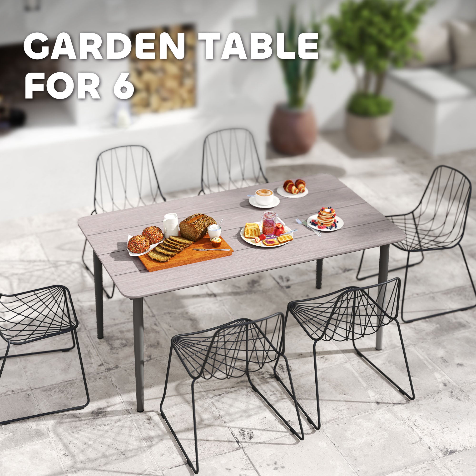 6 Seater Outdoor Garden Dining Table with Rust Resistant Metal Frame - Light Grey