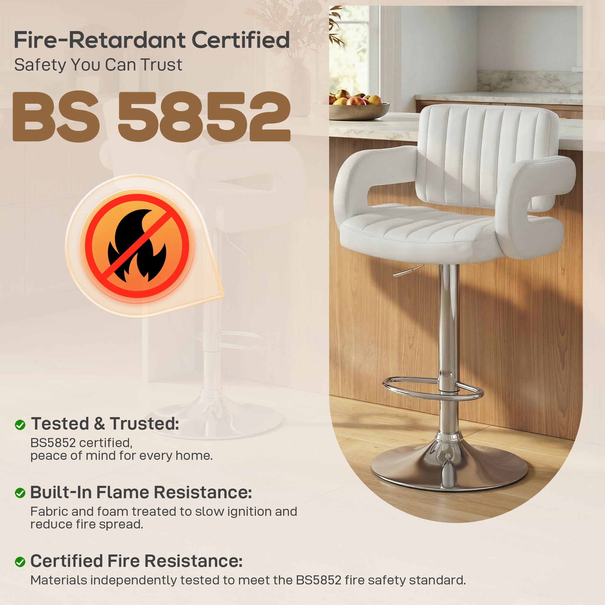 Bar Stools Adjustable Swivel Kitchen Chairs with Backrest Armrest Set of 2 PU Leather White