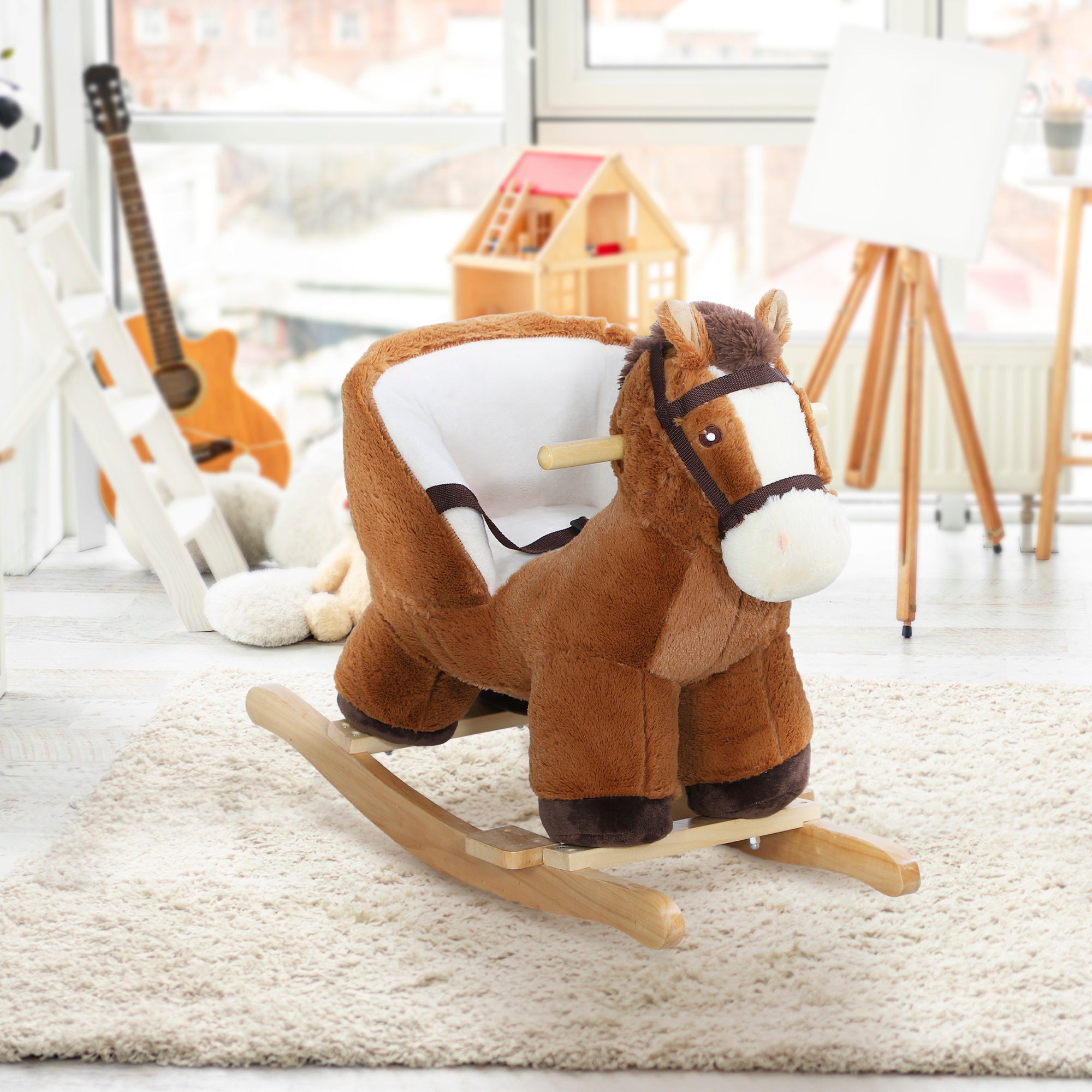 Kids Rocking Horse, Plush Ride on Horse, with Sound, Wood Base, for Ages 18-36 Months, Brown