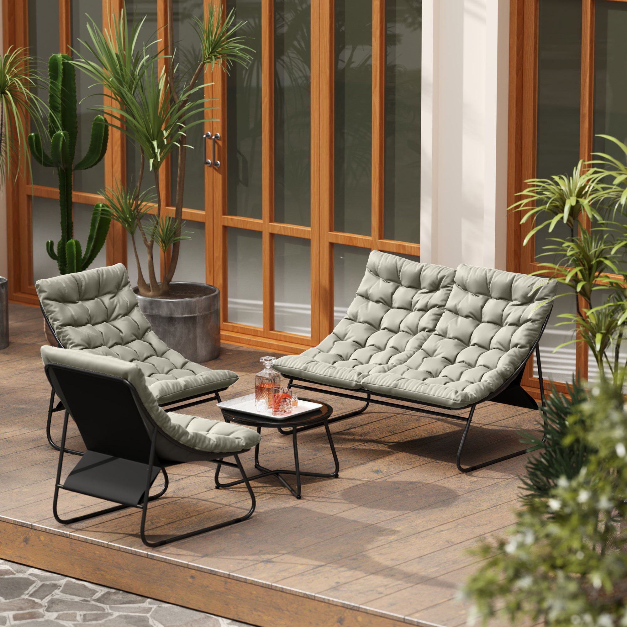 4 Seater Garden Furniture Set, Conversation Set with Loveseat Sofa, Chairs, Glass Coffee Table, Thick Cushions, Steel Outdoor Sofa for Balcony, Poolside, Conservatory, Light Grey