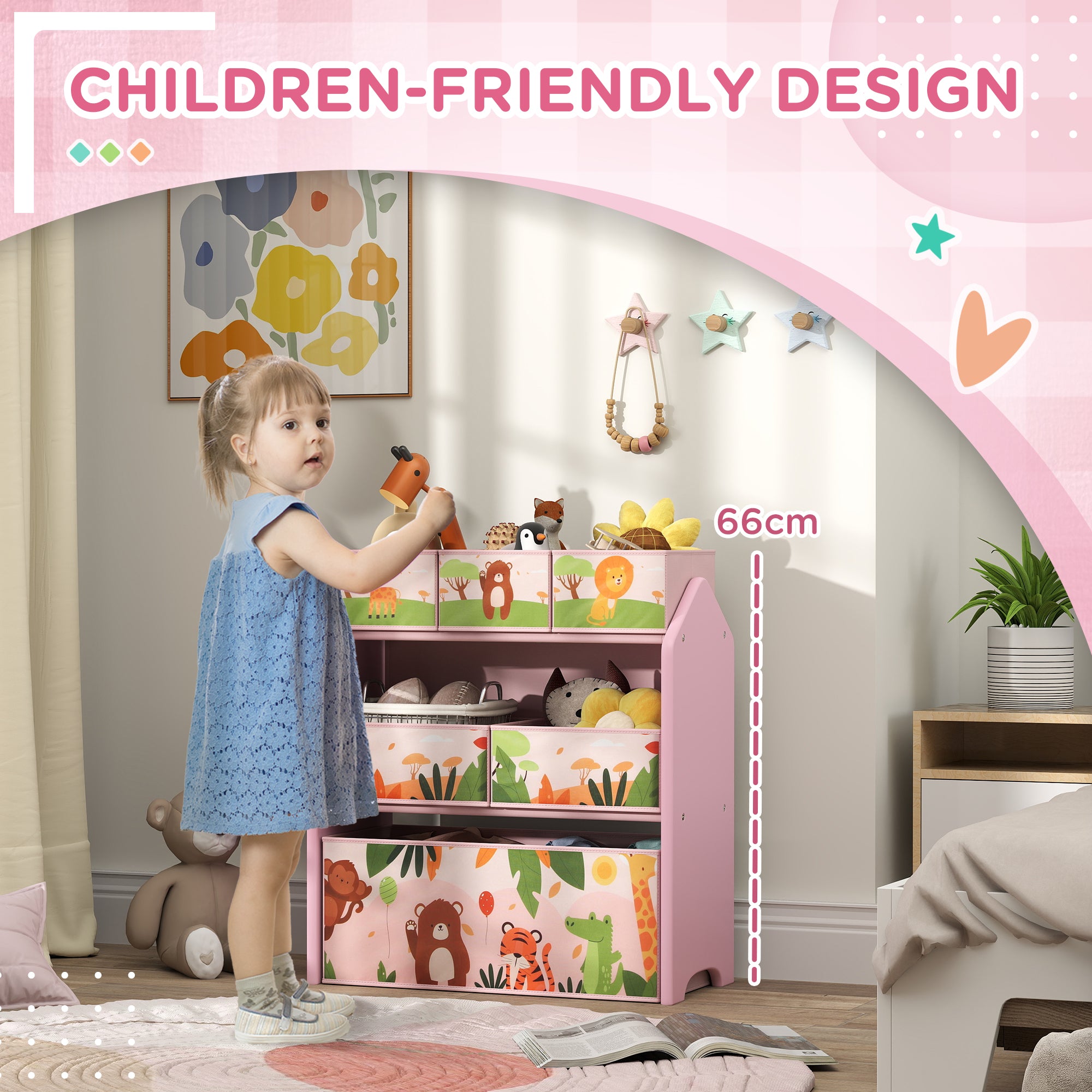 3 Tier Kids Toy Storage Unit with 6 Removable Boxes - Pink