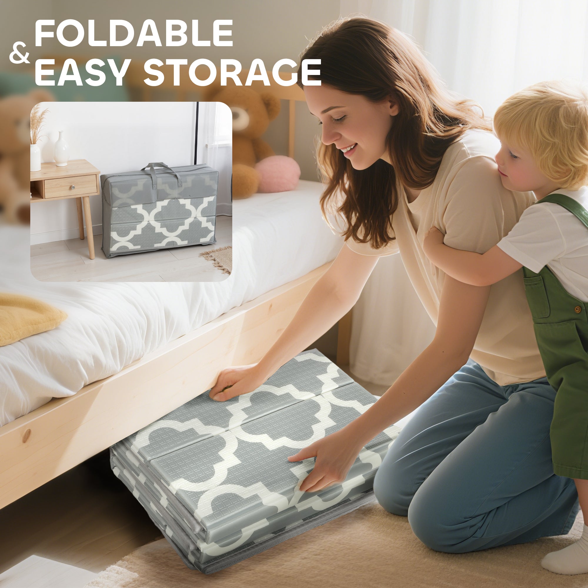 Foldable Baby Play Mat, Baby Playpen, Reversible Foam Playmat, Floor Mats for Toddlers, Traffic and Grey Diamond Theme