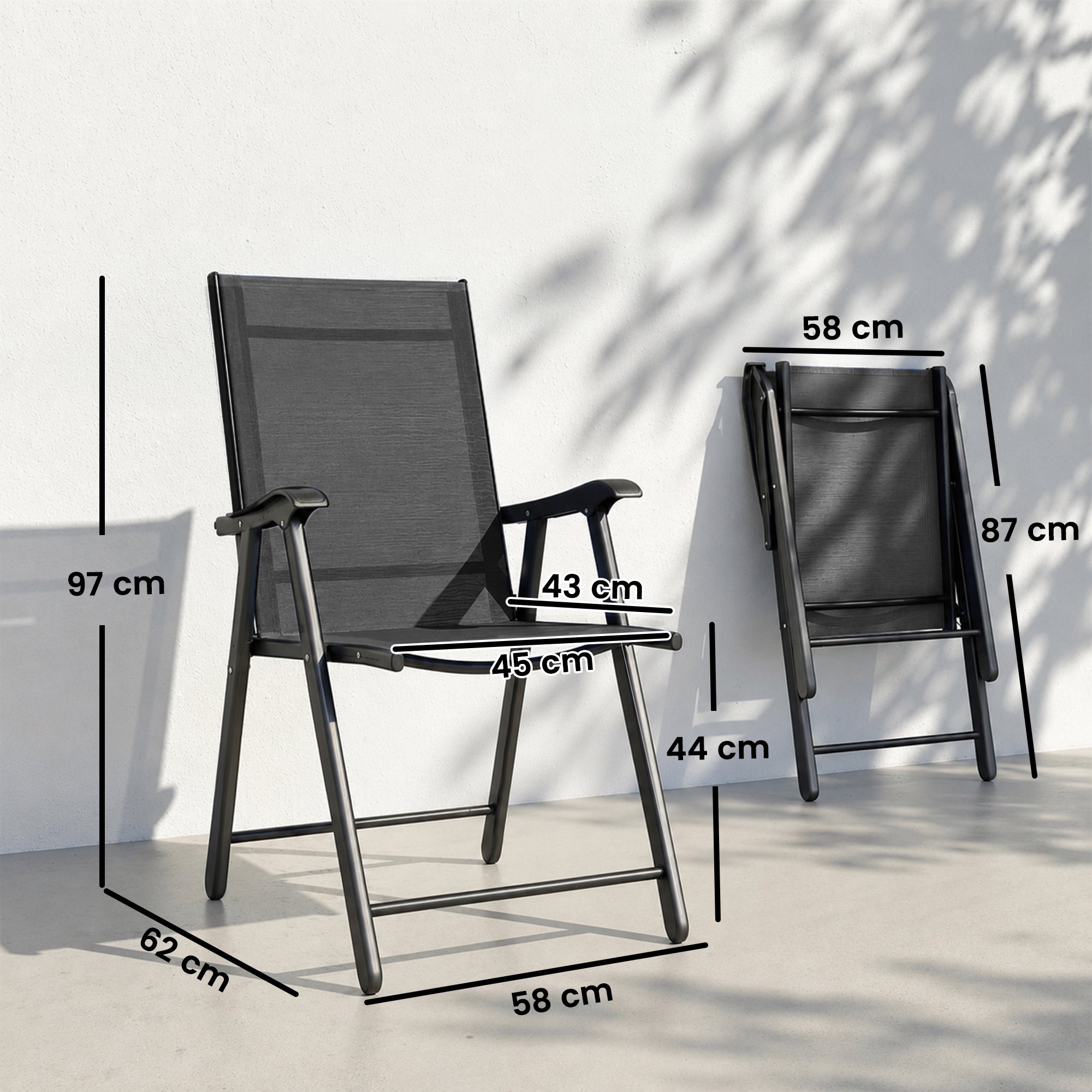 Folding Garden Chairs Set of 4, Foldable Garden Dining Chairs with High Back, Armrests, Texteline Seat, Black