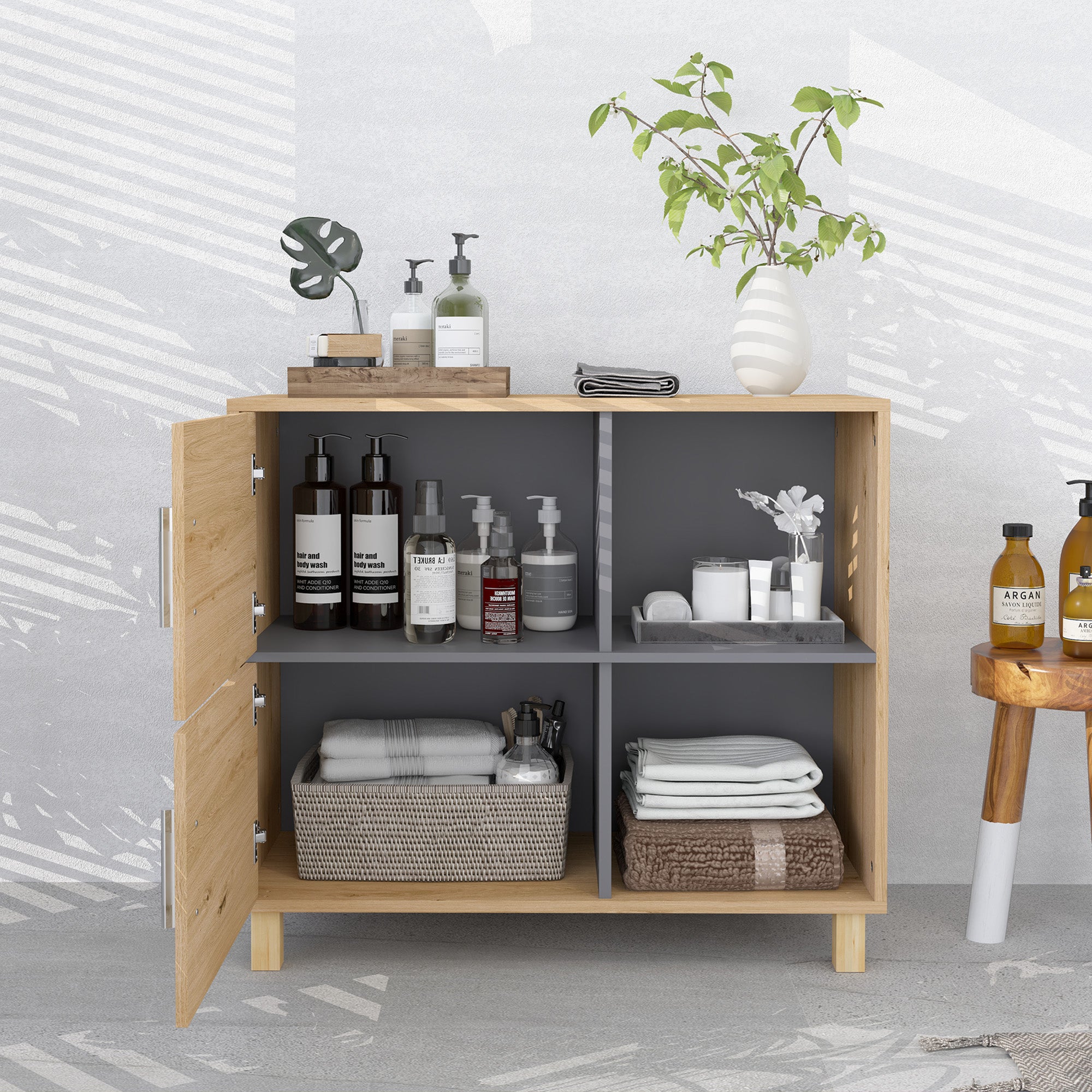 Bathroom Cabinet, Freestanding Bathroom Cabinet with Open Compartments and Double Doors