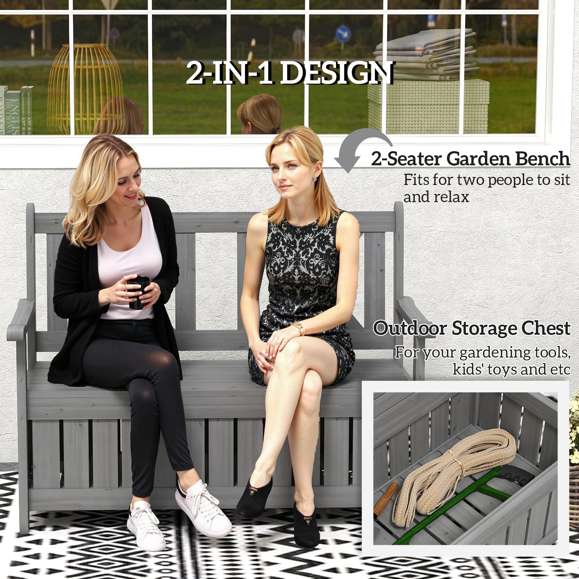 2-Seater Outdoor Garden Storage Bench with Seating for Patio and Porch - Charcoal Grey