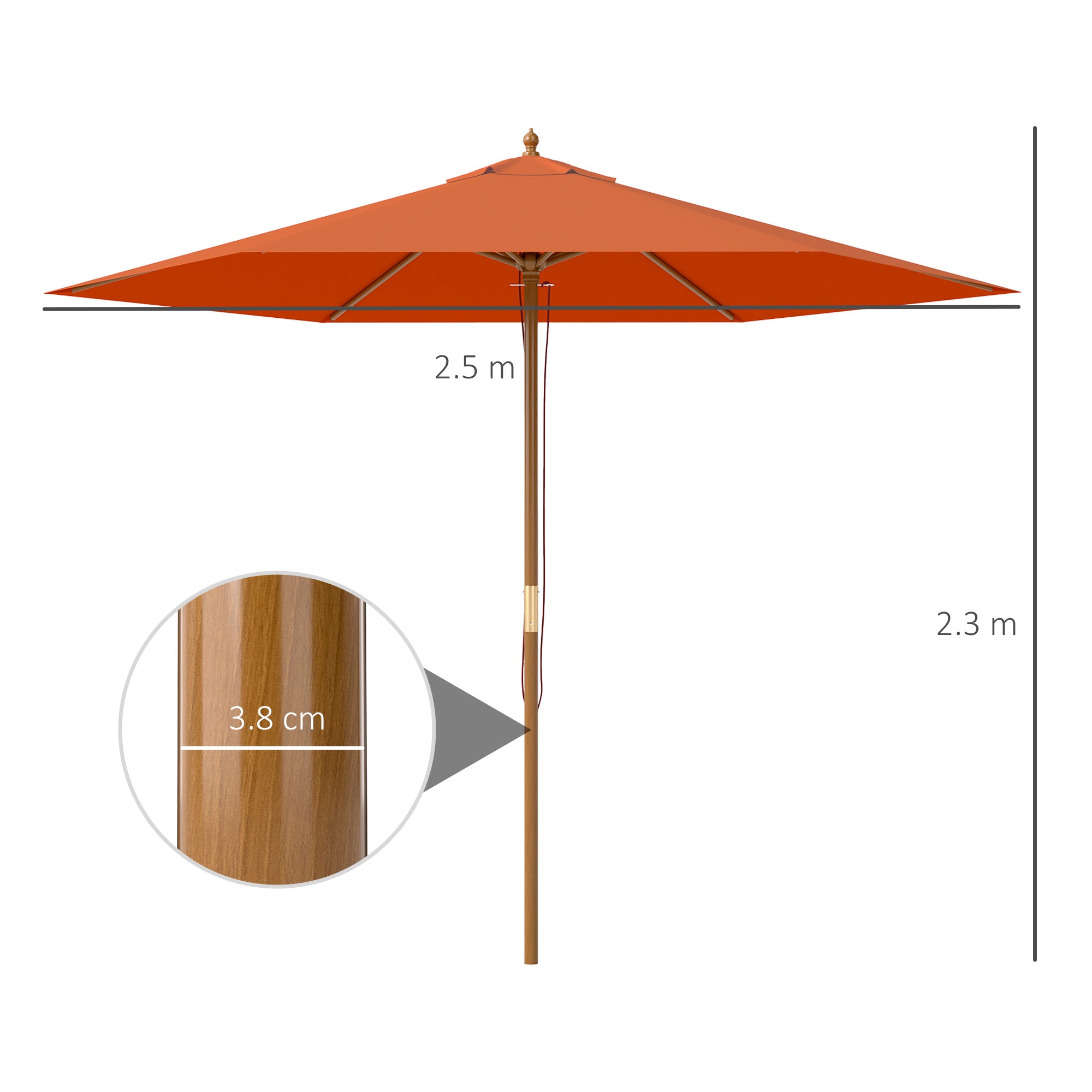 2.5m Wooden Garden Parasol Sun Shade Patio Umbrella Canopy - Orange
