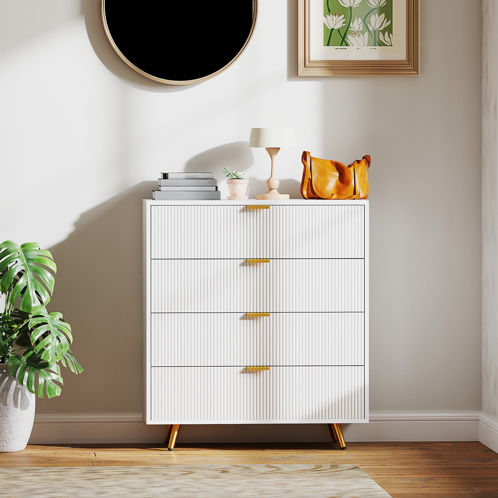Elegant Four-Drawer Bedside Table with Gold Handles - White