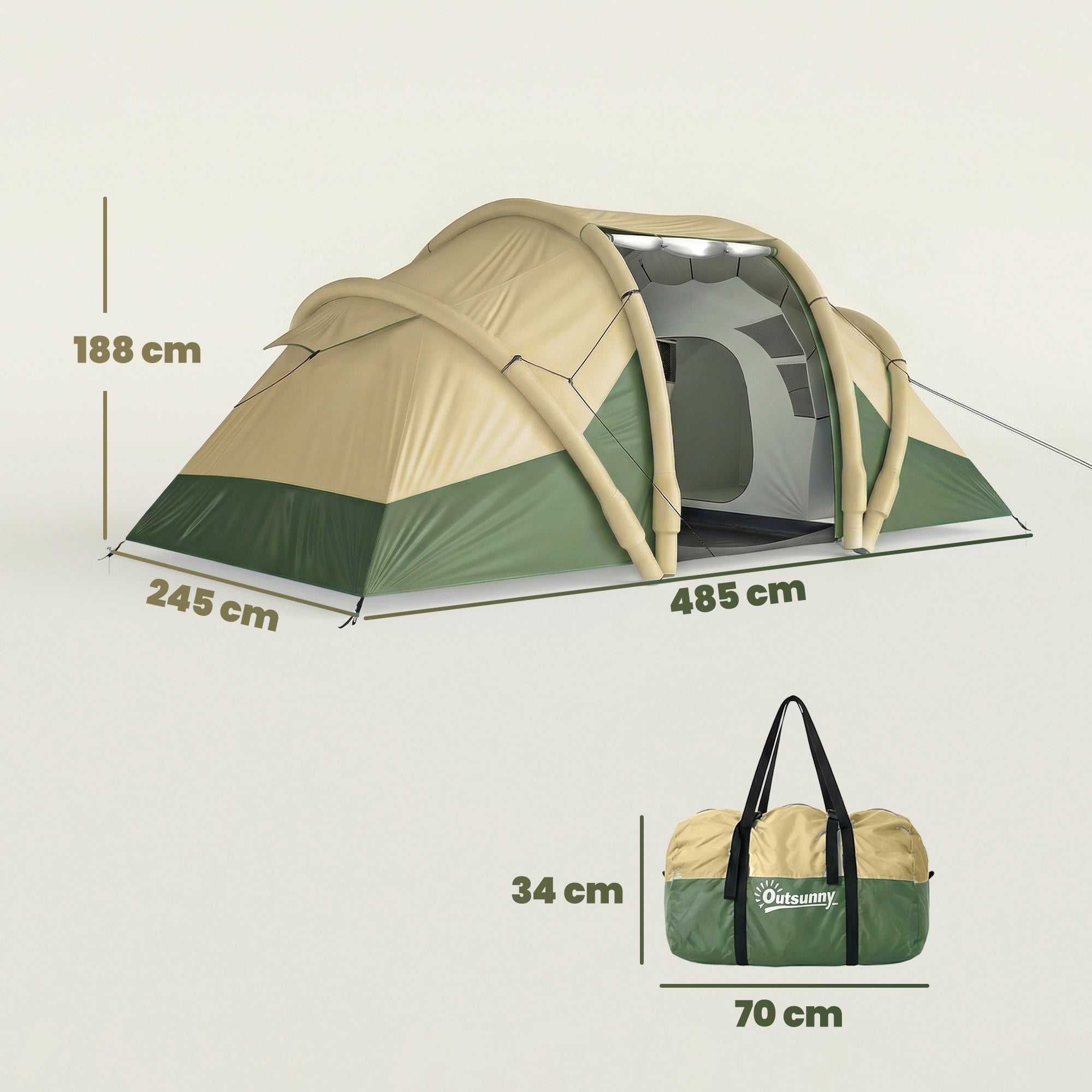 Inflatable Tent 2 Bedroom Tunnel Design Windproof Air Tent with Carry Bag for 4 Person