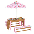 Kids Picnic Table Set with Foldable Umbrella, Cushions & Storage Boxes Flamingo Theme - Pink
