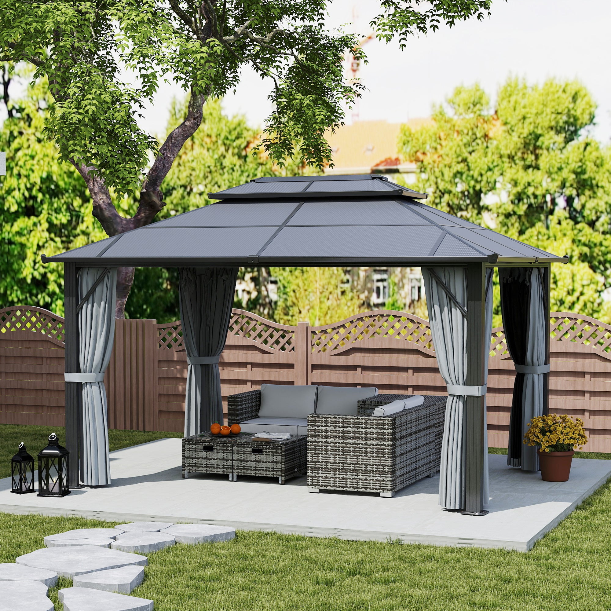 3x4m Hardtop Garden Gazebo with UPF30+ Double Polycarbonate Roof, Aluminium Frame, Mosquito Net & Curtains - Grey